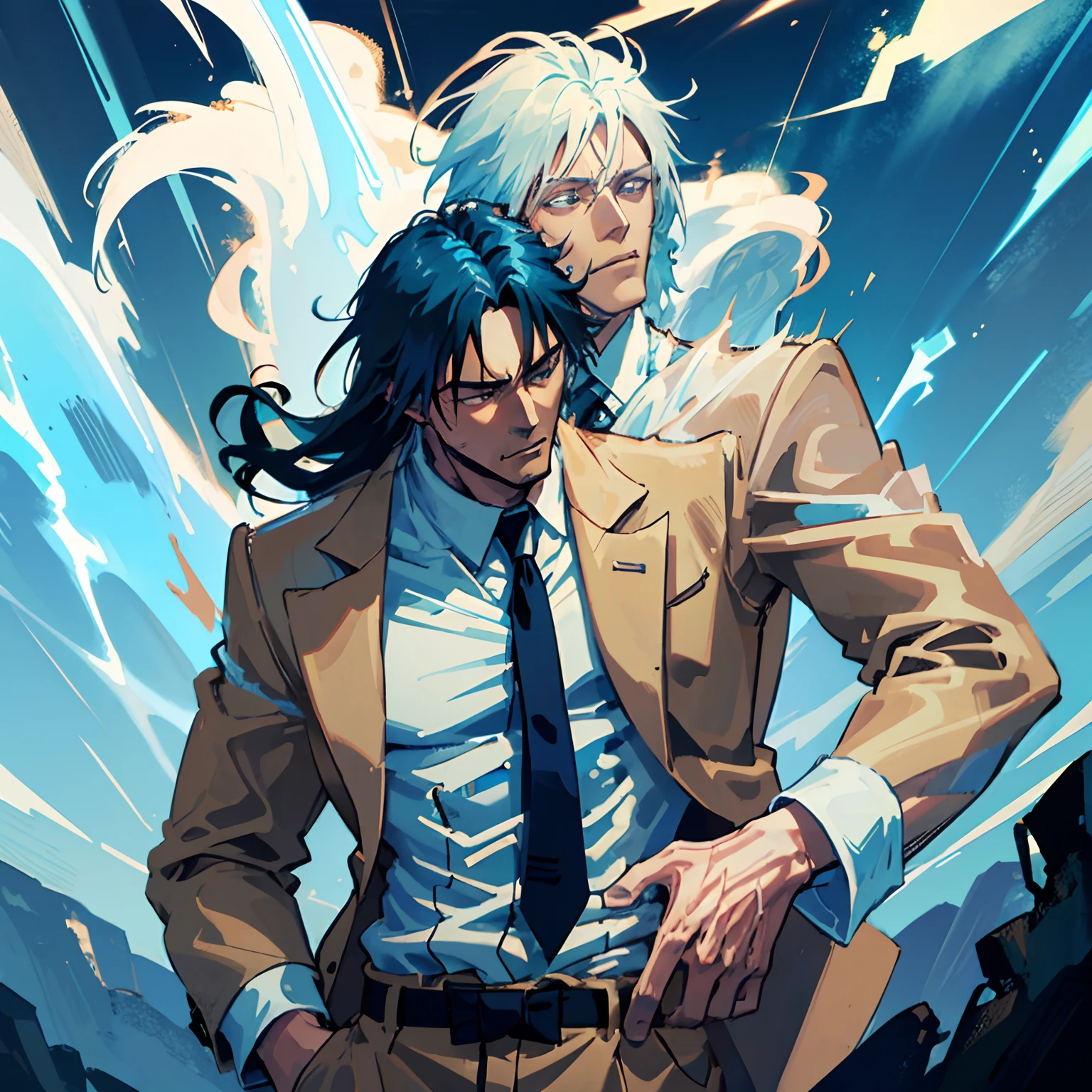 Tall muscular slim physique man, shoulder length messy blue hair with white markings, glowing blue cracks on skin, wearing a long brown duster coat, brown pants, white shirt, black suit tie, fancy, glowing blue eyes, surrounded by lightning sparks, storm clouds above head, in heaven, muscular male, Toji Fushigoro, Fushigoro Toji, Gojo, Satoru, Satoru Gojo, Gojo Satoru, mostly brown clothing, handsome, Almighty, powerful, cocky, arrogant facial expression, long hair, hair goes down to shoulders, elegant, powerful
