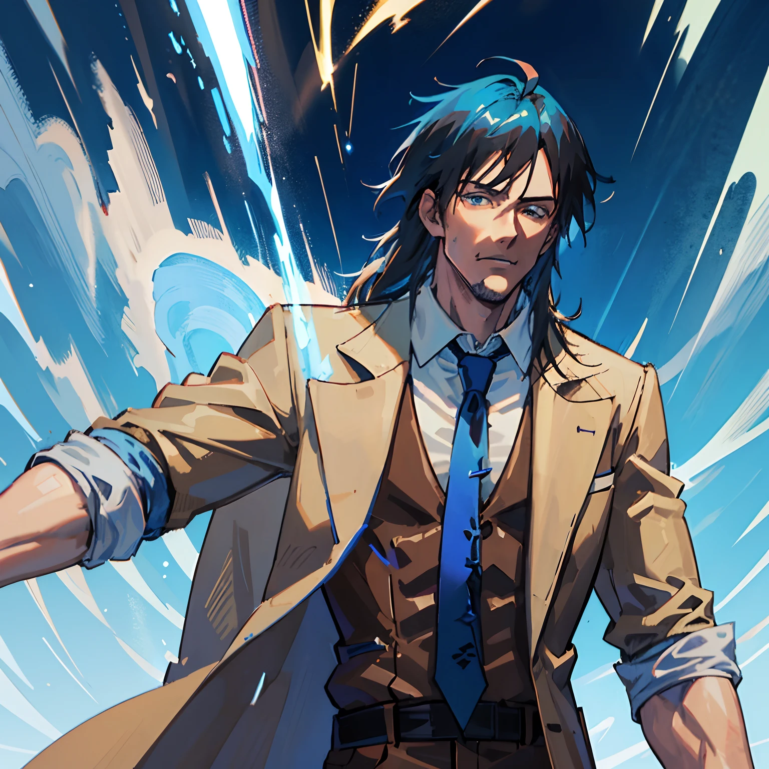 Tall muscular slim physique man, shoulder length messy blue hair with white markings, glowing blue cracks on skin, wearing a long brown duster coat, brown pants, white shirt, black suit tie, fancy, glowing blue eyes, surrounded by lightning sparks, storm clouds above head, in heaven, muscular male, Toji Fushigoro, Fushigoro Toji, Gojo, Satoru, Satoru Gojo, Gojo Satoru, mostly brown clothing, handsome, Almighty, powerful, cocky, arrogant facial expression, long hair, hair goes down to shoulders, elegant, powerful