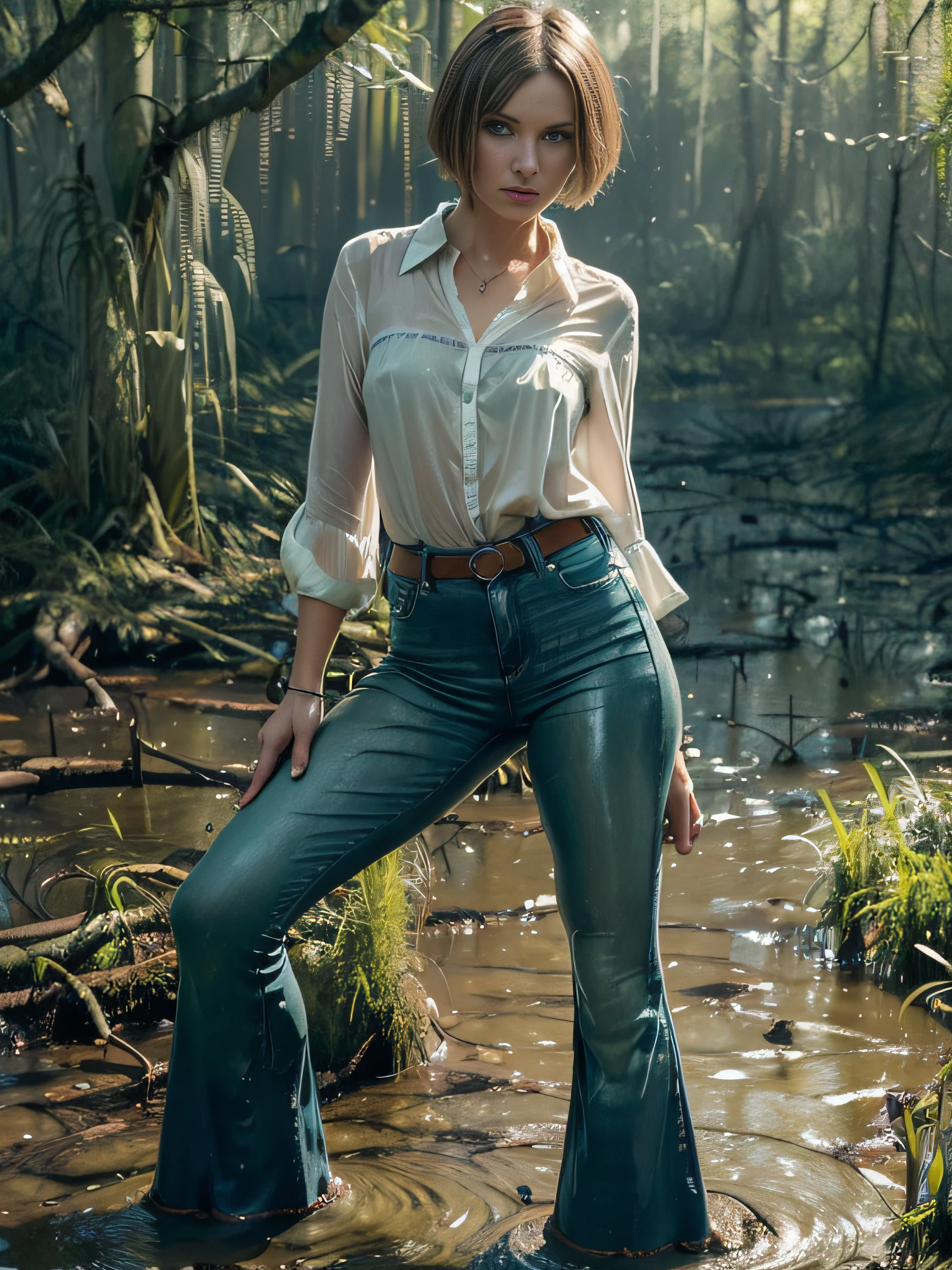 (Best Quality,hight resolution:1.3),(Flared jeans:1.4), (covered with swamp mud:1.3),The woman,Pronounced wrinkles,Bob haircut,Detailed eyes and face,blouse,ominous vibe,desperation,trap, Psychological thriller, At the mercy of shameful desires,(Drowning in a knee-deep swamp:1.4),posing standing,