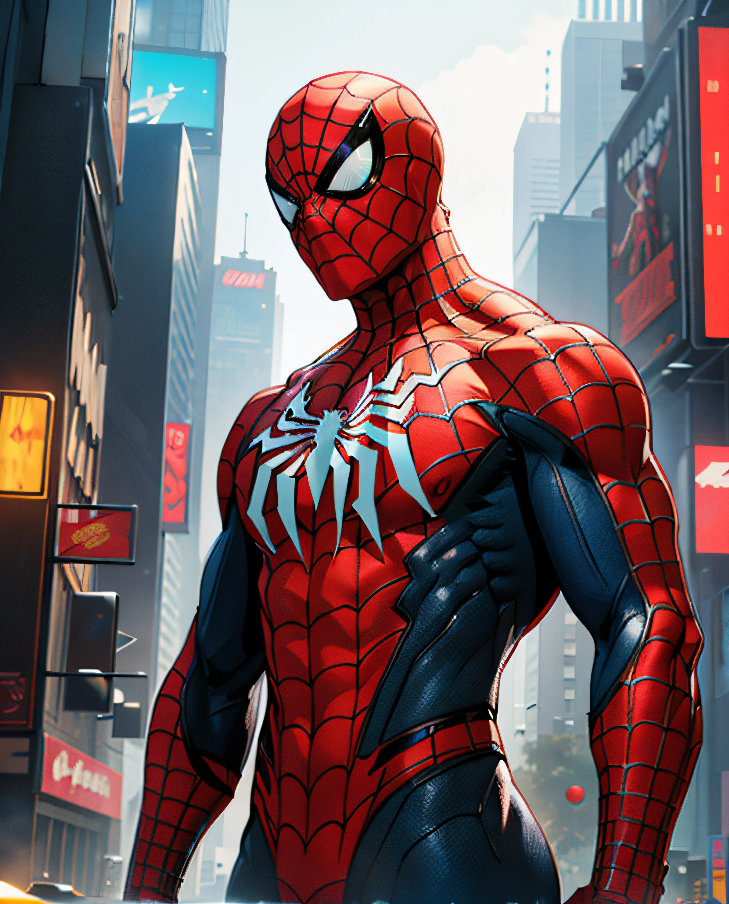 Get ready to witness the merging of the worlds of Spider-Man and Cyberpunk in one breathtaking image. Nesta obra-prima visual em 8K, You will be transported to a futuristic and dystopian environment, where the iconic Marvel hero gets a new look. O Homem-Aranha surge em uma paisagem urbana imponente, dominated by gigantic skyscrapers and holographic advertisements that shine brightly. The neon lights reflect off his cybernetic armor, creating a striking contrast between the hero's characteristic red and blue and the oppressive darkness of the environment. Seu traje, remodelado para se adequar ao estilo Cyberpunk, features metallic details and futuristic lines, combining functionality and futuristic aesthetics. The advanced fabric, adornado com circuitos luminosos, it seems to pulsate with electronic energy as Spider-Man prepares to face the challenges of this chaotic world. The surrounding city is full of characteristic elements of the Cyberpunk style, como carros voadores, cyber implants, Drones and robots, Adding a unique and technological atmosphere to the image. The contrast between the grandeur of the buildings and the presence of Spider-Man in the midst of this dystopian landscape conveys a sense of solitary heroism and resilience against adversity. A qualidade impressionante em 8K permite que cada detalhe seja visualizado com clareza e realismo, from the intricate webs cast by Spider-Man to every reflection and texture in the futuristic environment. Get ready to marvel at this epic junction between the Spider-Man universe and the Cyberpunk aesthetic, in an image that will captivate your imagination and transport you to a world where action, a tecnologia e a aventura se unem em perfeita harmonia.