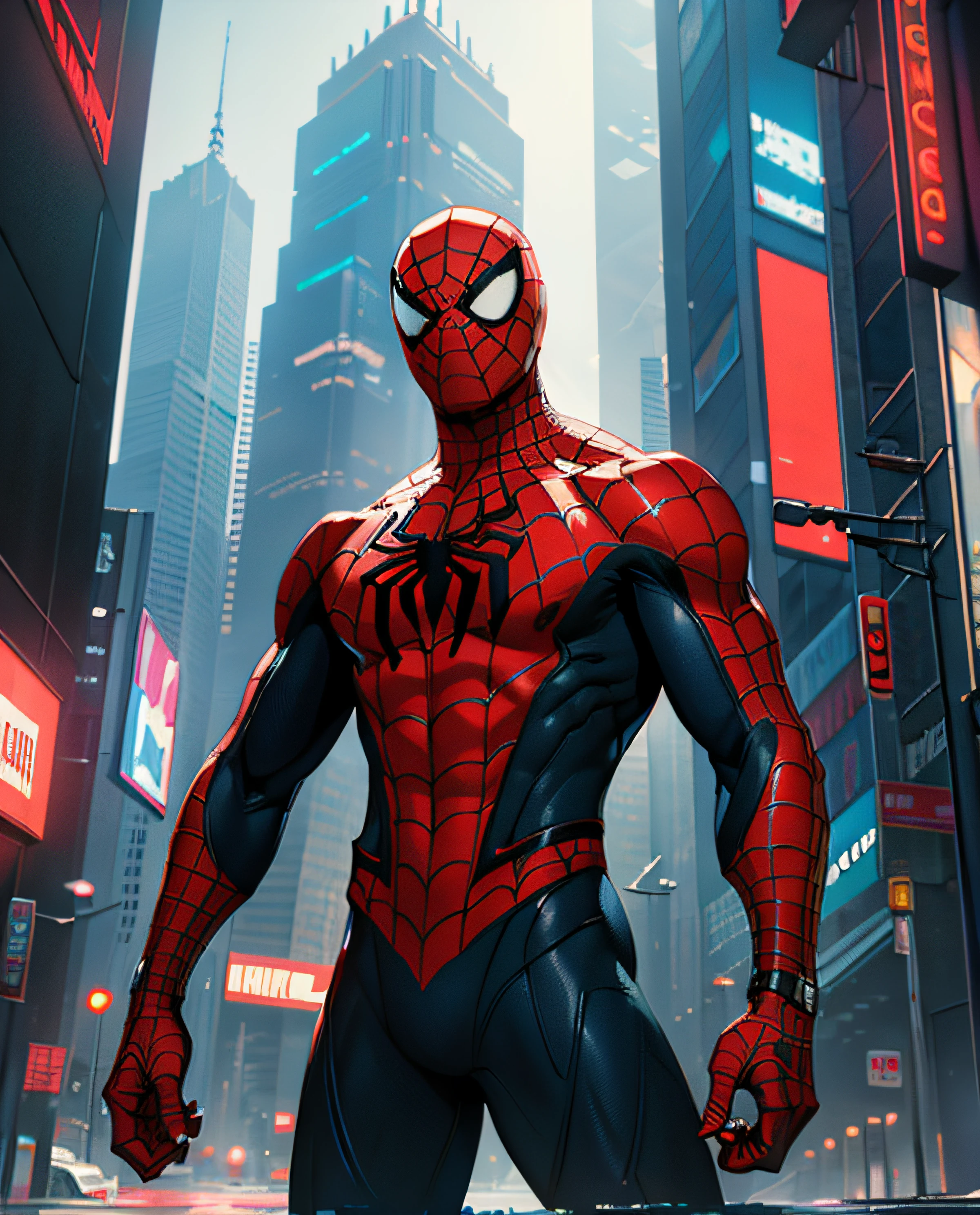 Get ready to witness the merging of the worlds of Spider-Man and Cyberpunk in one breathtaking image. Nesta obra-prima visual em 8K, You will be transported to a futuristic and dystopian environment, where the iconic Marvel hero gets a new look. O Homem-Aranha surge em uma paisagem urbana imponente, dominated by gigantic skyscrapers and holographic advertisements that shine brightly. The neon lights reflect off his cybernetic armor, creating a striking contrast between the hero's characteristic red and blue and the oppressive darkness of the environment. Seu traje, remodelado para se adequar ao estilo Cyberpunk, features metallic details and futuristic lines, combining functionality and futuristic aesthetics. The advanced fabric, adornado com circuitos luminosos, it seems to pulsate with electronic energy as Spider-Man prepares to face the challenges of this chaotic world. The surrounding city is full of characteristic elements of the Cyberpunk style, como carros voadores, cyber implants, Drones and robots, Adding a unique and technological atmosphere to the image. The contrast between the grandeur of the buildings and the presence of Spider-Man in the midst of this dystopian landscape conveys a sense of solitary heroism and resilience against adversity. A qualidade impressionante em 8K permite que cada detalhe seja visualizado com clareza e realismo, from the intricate webs cast by Spider-Man to every reflection and texture in the futuristic environment. Get ready to marvel at this epic junction between the Spider-Man universe and the Cyberpunk aesthetic, in an image that will captivate your imagination and transport you to a world where action, a tecnologia e a aventura se unem em perfeita harmonia.