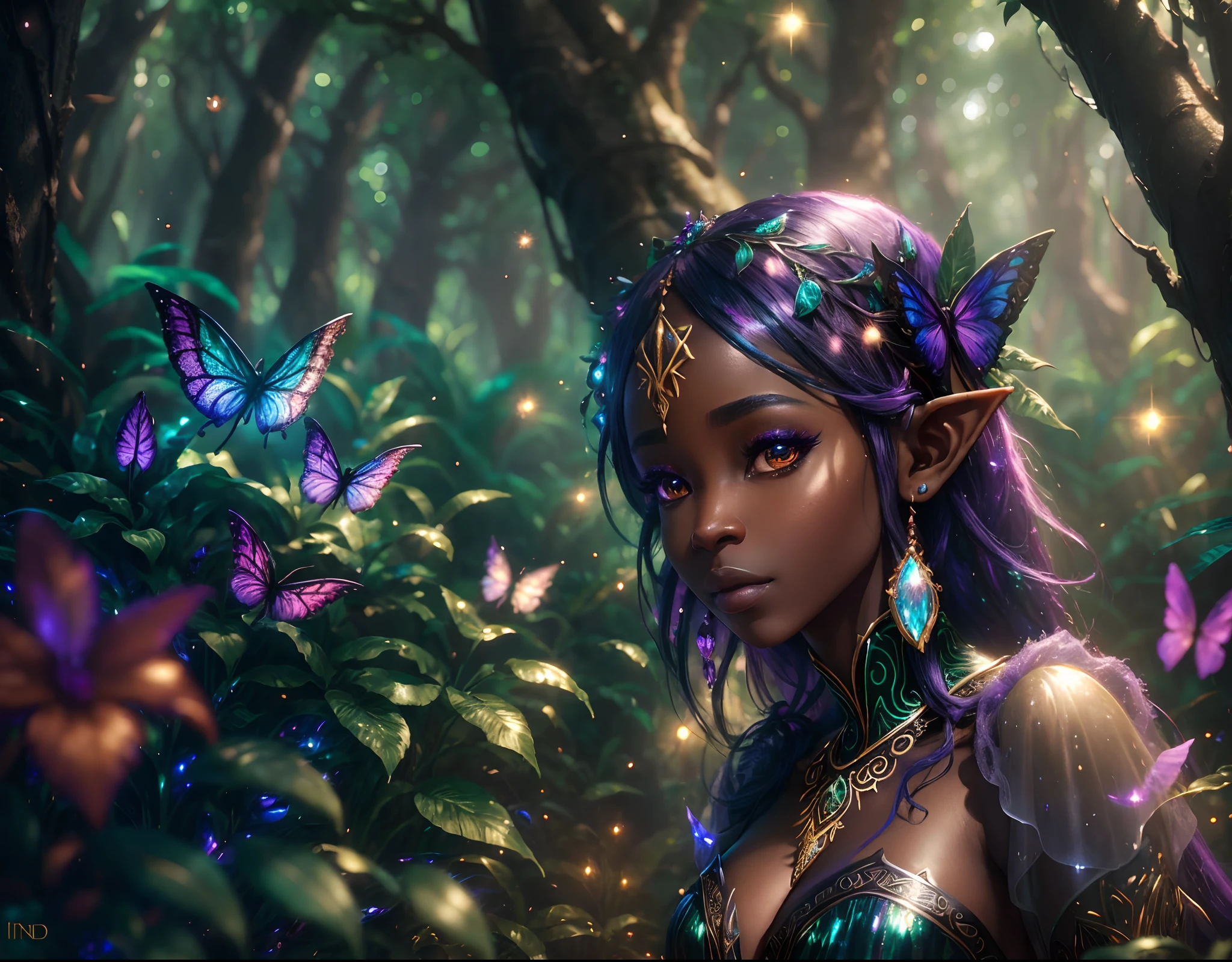 African woman in a fairy forest full of black elves, tiny fairy angels flying, mystical forest with fairy dust in air shining, with iridescent light, 32k, ultra HD, unreal engine rendered, cinematic lighting, artgerm style, cgsociety 9, deviantart, art by Bella kotak, octane 3d rendering, masterpiece, highly detailed images --auto --s2