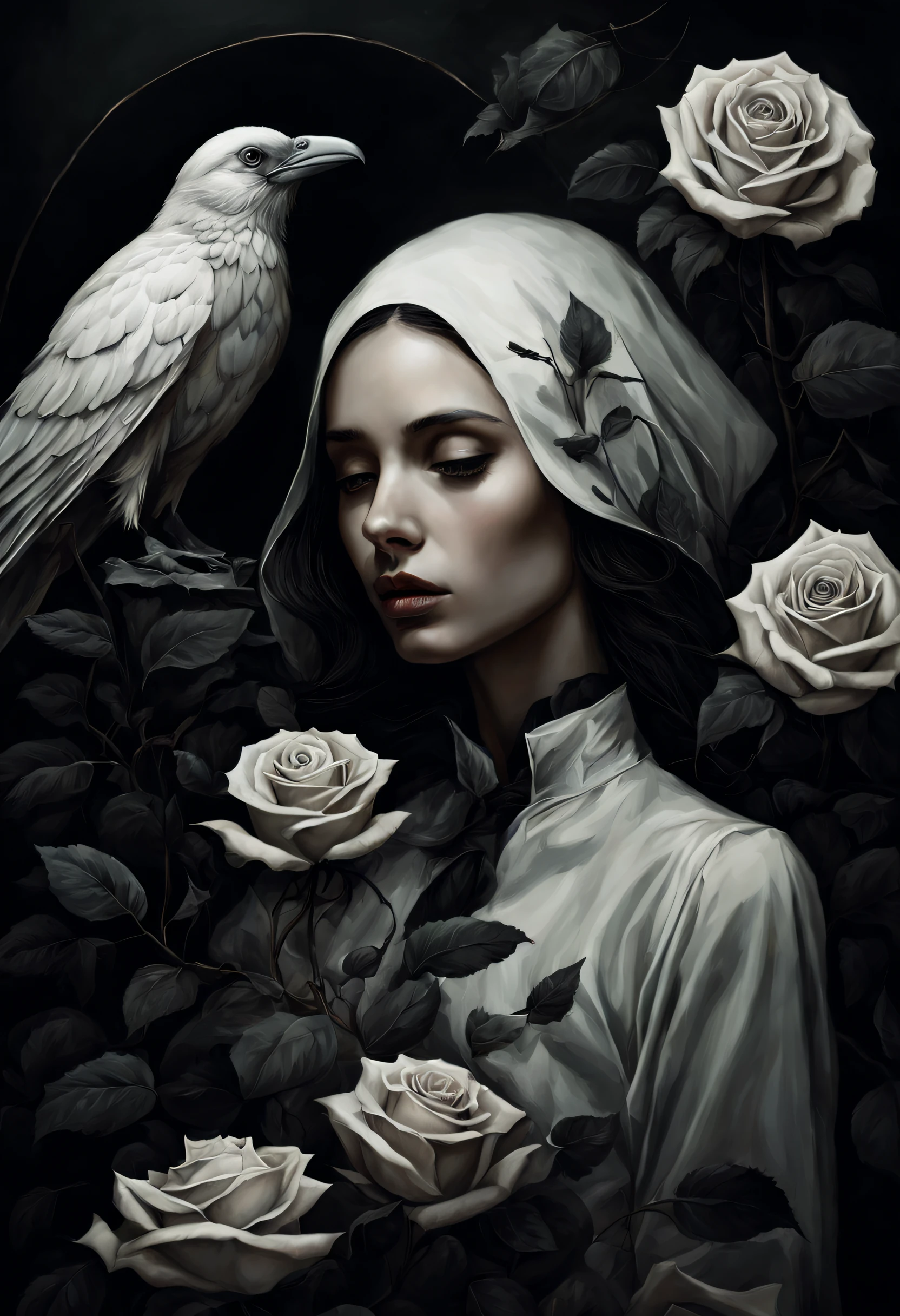 chiaroscuro technique on sensual illustration Illustration art, by IrinaKapi. Surrealism, vintage abstraction, girl with white raven and black roses, ultra details oh clothes, best quality, masterpiece, painting, concept art, emotionally, atmospheric, aesthetics of romanticism, represent transformation and the ability to see beyond the surface