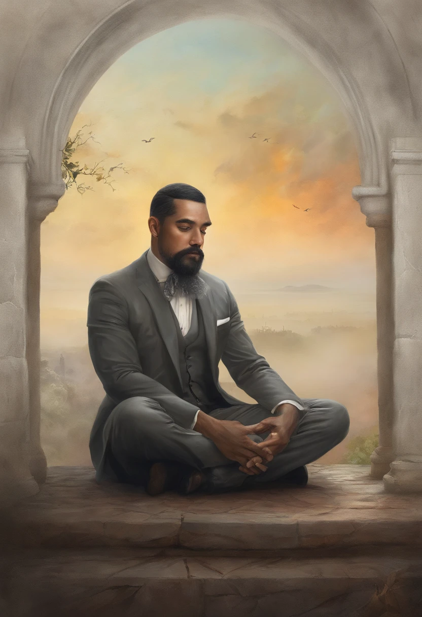 homem maduro, sitting in a meditation position, diante de um orisonte lindo, com o sol se pondo, in connection with the divine, foto de retrato, Directed by: Drew Tucker, Directed by: Adam Marczyński, Directed by: Alexander Kucharsky, Directed by: Gavin Nolan, Surrealismo 8K, Directed by: Jason Felix, Yuri Shwedoff e Tom Bagshaw, arte ilustrativa, Estilo Erik Johansson