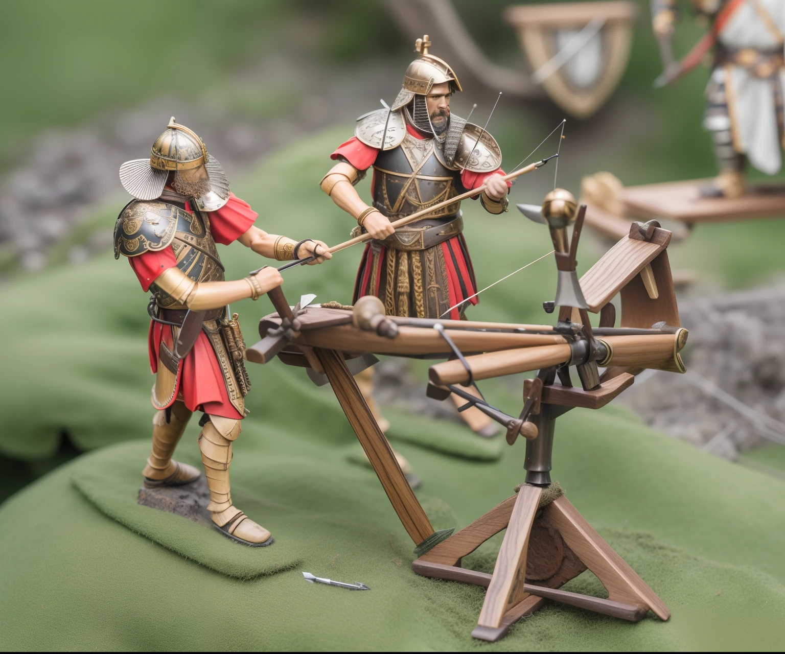 a close up of two figurines of men in armor with a wooden structure, 28mm scale, war scenery, detail on scene, archers, mini model, trireme, roman setting, award-winning very detailed, hold mechanical bow and arrow, outstanding detail, eye - level view, weta, excellent detail, petite, version 3, catapult
