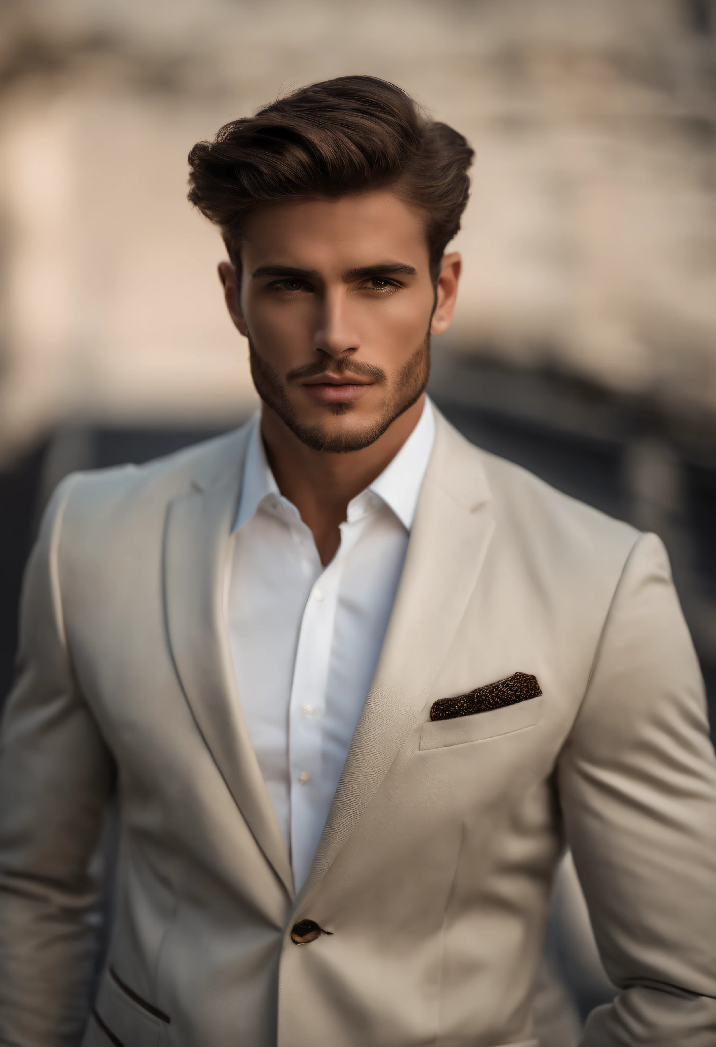 25 year old man in serious suit, Use un traje de negocios blanco, Modelo ordenado, Muestra tu cara, Foto de perfil profesional, Ropa de negocios, Ropa de oficina, high resolucion, obra maestra, fondo oscuro, fondo boroso La mejor calidad, Intrincado alto detalle, Altamente detallado, foco nítido, textura, ojos bien detallados rostro bien detallado, profesional, 4k, Canon Filming, 85 mm, poca profundidad de campo, Kodak Color Vision, Cuerpo de ajuste perfecto, extremadamente detallado, Foto_\(ultra\), Foto realista, Postproceso, Maximum details, aspereza, vida real, ultra realista, rendering, Cinematographer, 8k UHD, Cinematographer (movie grain)