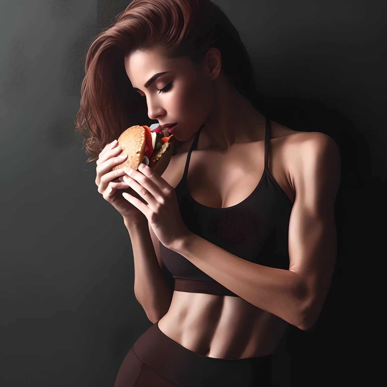 Mulher magra comendo hamburguer com roupa de academia, ultra realista, lifelike lighting, full hd, 4k