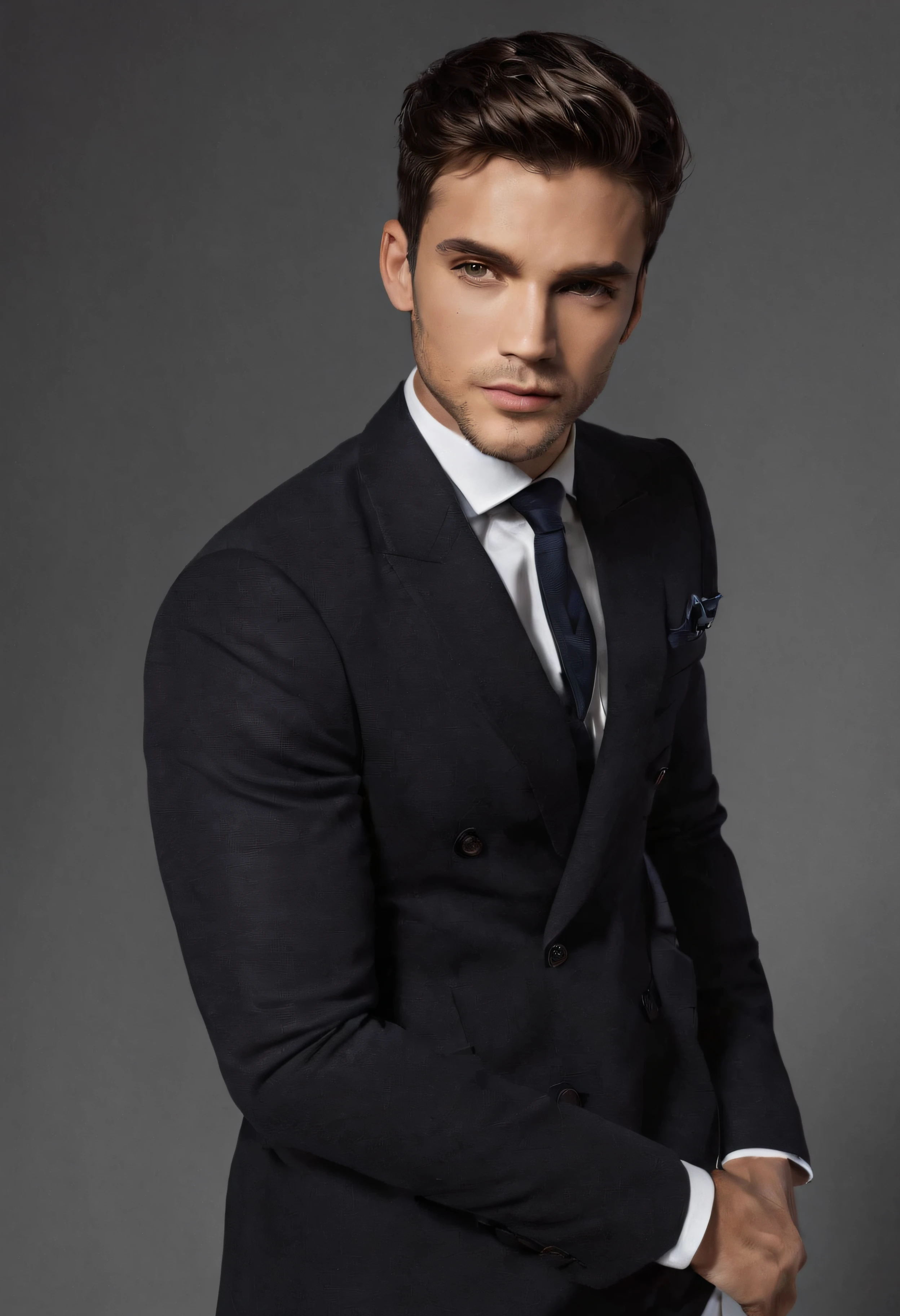 **Mensaje de imagen:**
* **Asunto:** Un hombre elegante con mirada seria y sonrisa leve"
* **Detalles:**
* El hombre lleva un traje negro y corbata ploma bien entallados.
* He's standing with his arms crossed, In a Firm Position.
* His face lights up with joy, And it's clear he's excited about something.
**Instrucciones adicionales:**
* The image should be high-resolution and well-lit.
* El hombre debe ser el foco principal de la imagen.
* The image should create a sense of excitement and triumph.