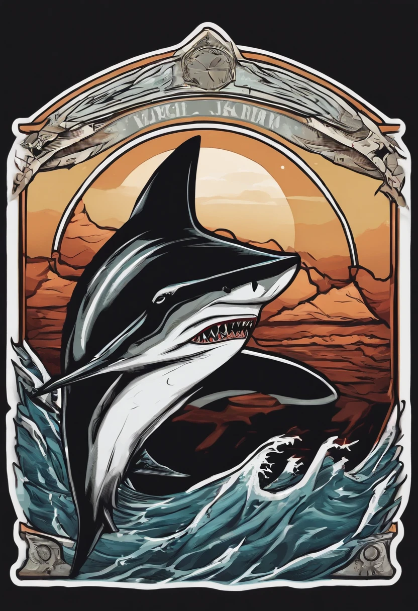 /imagine prompt: shark illustration for a sticker with a black background, in bold outline style, jagged edges, trashcore, light shading --v 5.2