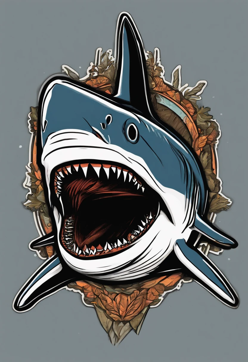 /imagine prompt: shark illustration for a sticker with a black background, in bold outline style, jagged edges, trashcore, light shading --v 5.2