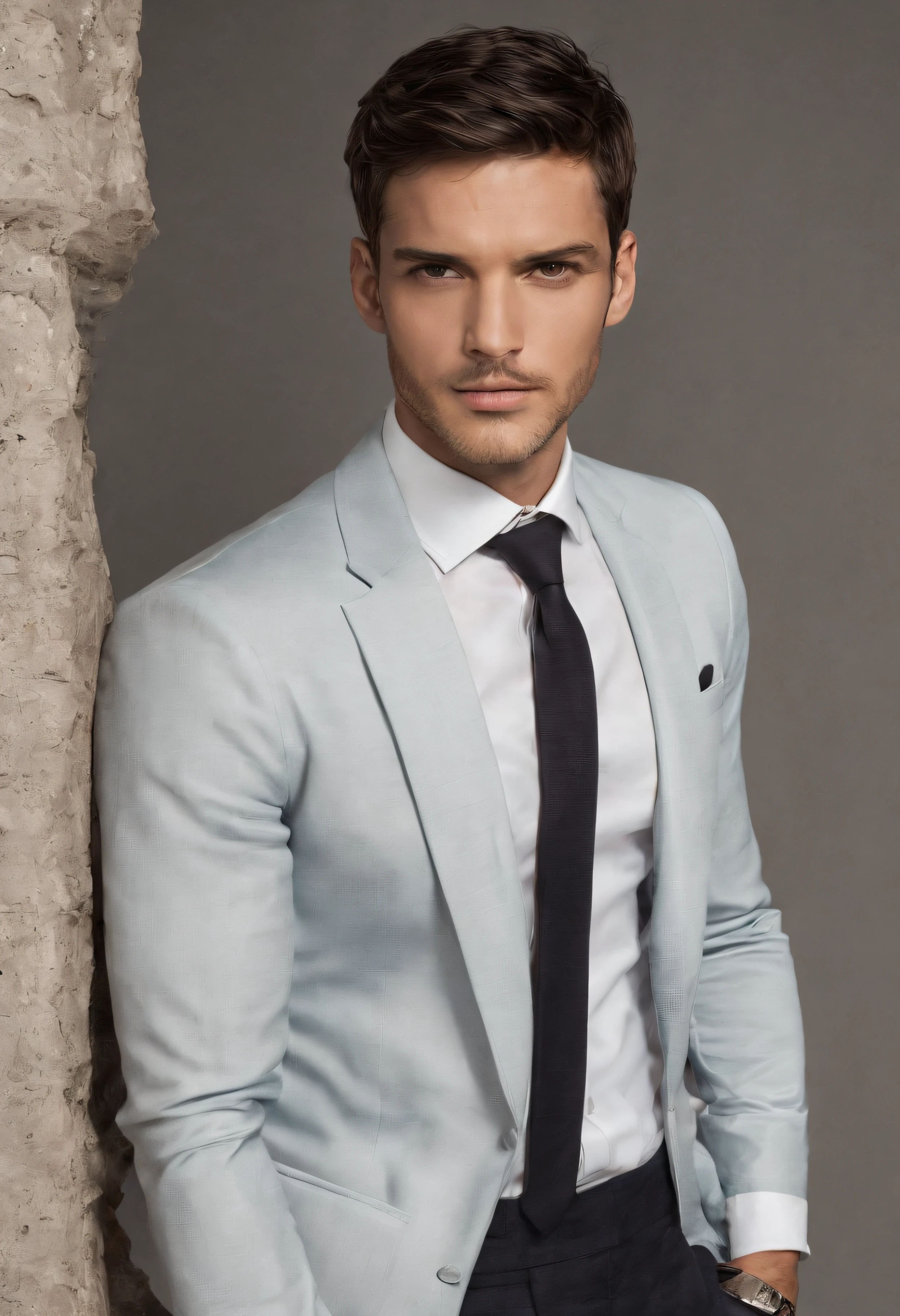 **Mensaje de imagen:**
* **Asunto:** Un hombre elegante con mirada seria y sonrisa leve"
* **Detalles:**
* El hombre lleva un traje negro y corbata ploma bien entallados.
* He's standing with his arms crossed, In a Firm Position.
* His face lights up with joy, And it's clear he's excited about something.
**Instrucciones adicionales:**
* The image should be high-resolution and well-lit.
* El hombre debe ser el foco principal de la imagen.
* The image should create a sense of excitement and triumph.