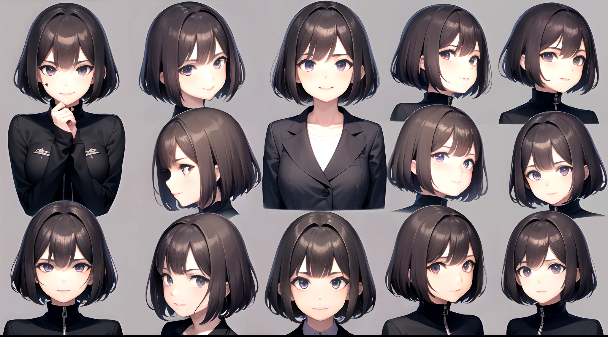 1girll,looking toward the viewer,greybackground,face expression,The same person,9 Facial expressions,grid,Exposed short hair,cheveux gris courts,Purple eyes,Smile,Laughing,Crying,Tired,Sly laughter,Shy,face expressionless,Surprised,half-body portrait,Break,black black jacket,smiling wryly,Best quality,Masterpiece,Highly detailed,Super detailed,8K