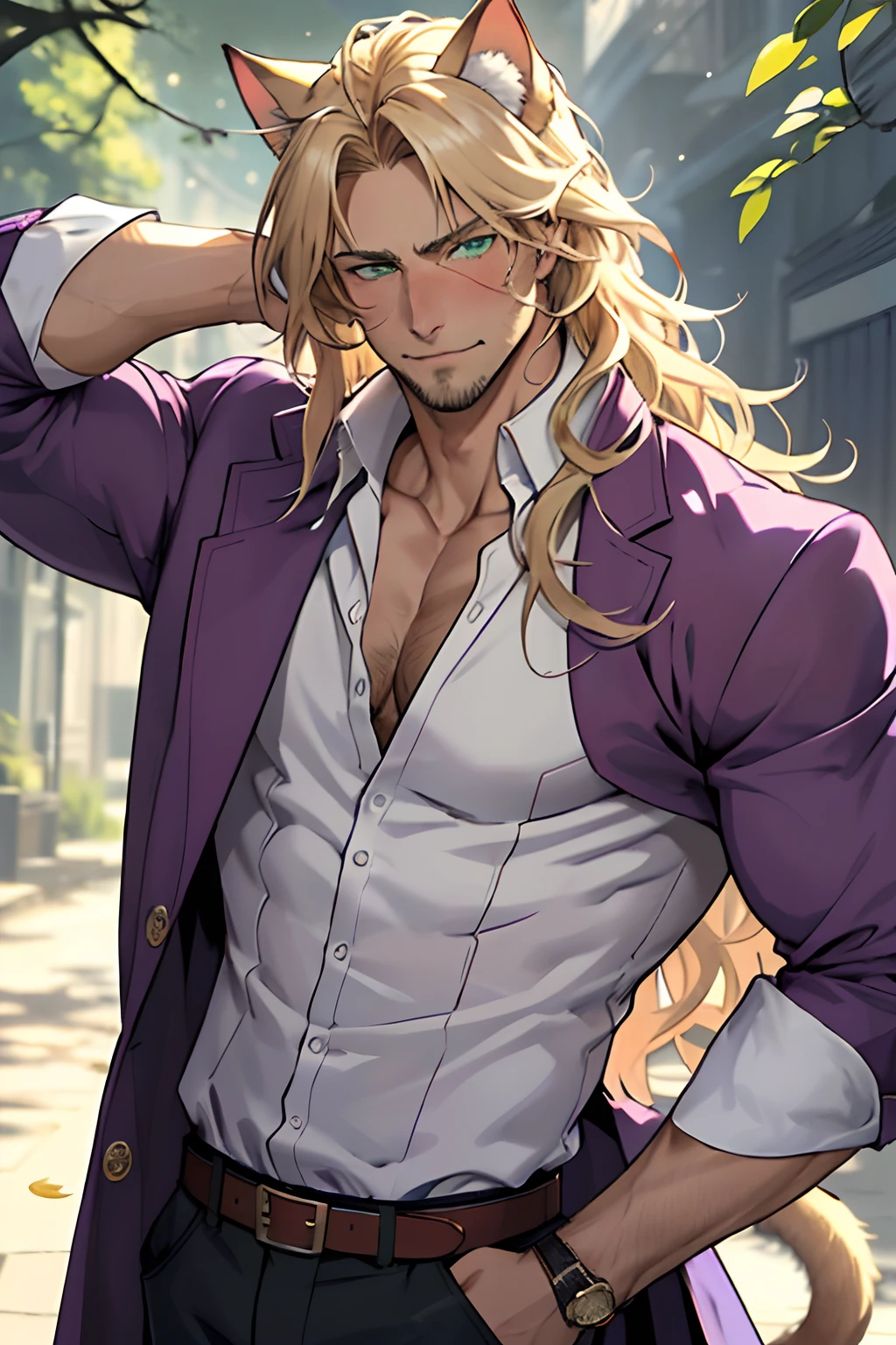 Purple coat, one male, cat ears, long hair, blond, blond hair, green eyes, tall, muscular, white shirt, beautiful face, highest quality, masterpiece, 2d, anime, perfect face, highest detail, feline eyes, stubble, cat tail, wavy hair, cowboy shot, detailed face, intricate details, blushing, nervous,