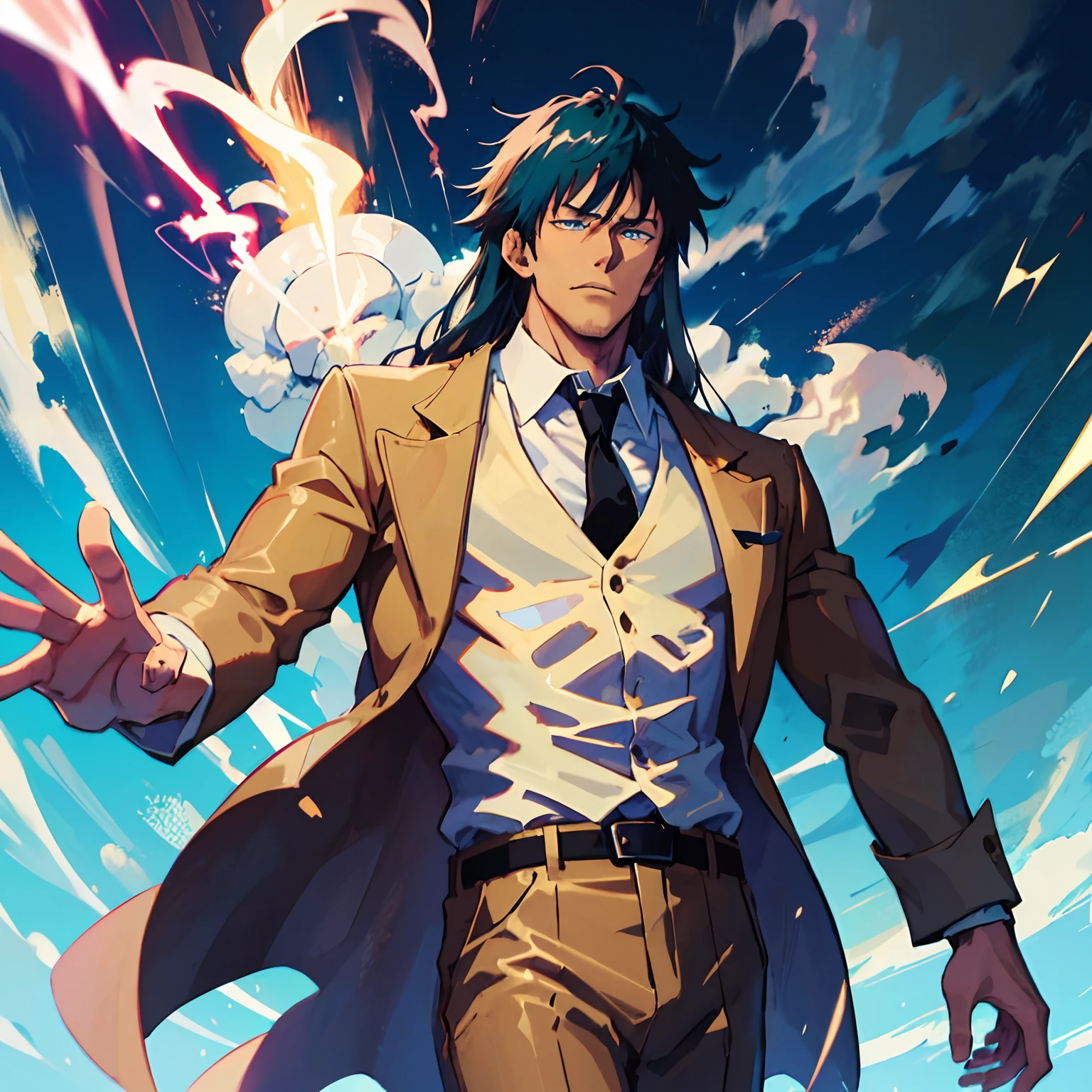 Tall muscular slim physique man, shoulder length messy blue hair with white markings, glowing blue cracks on skin, wearing a long brown duster coat, brown pants, white shirt, black suit tie, fancy, glowing blue eyes, surrounded by lightning sparks, storm clouds above head, in heaven, muscular male, Toji Fushigoro, Fushigoro Toji, Gojo, Satoru, Satoru Gojo, Gojo Satoru, mostly brown clothing, handsome, Almighty, powerful, cocky, arrogant facial expression, long hair, hair goes down to shoulders, elegant, powerful