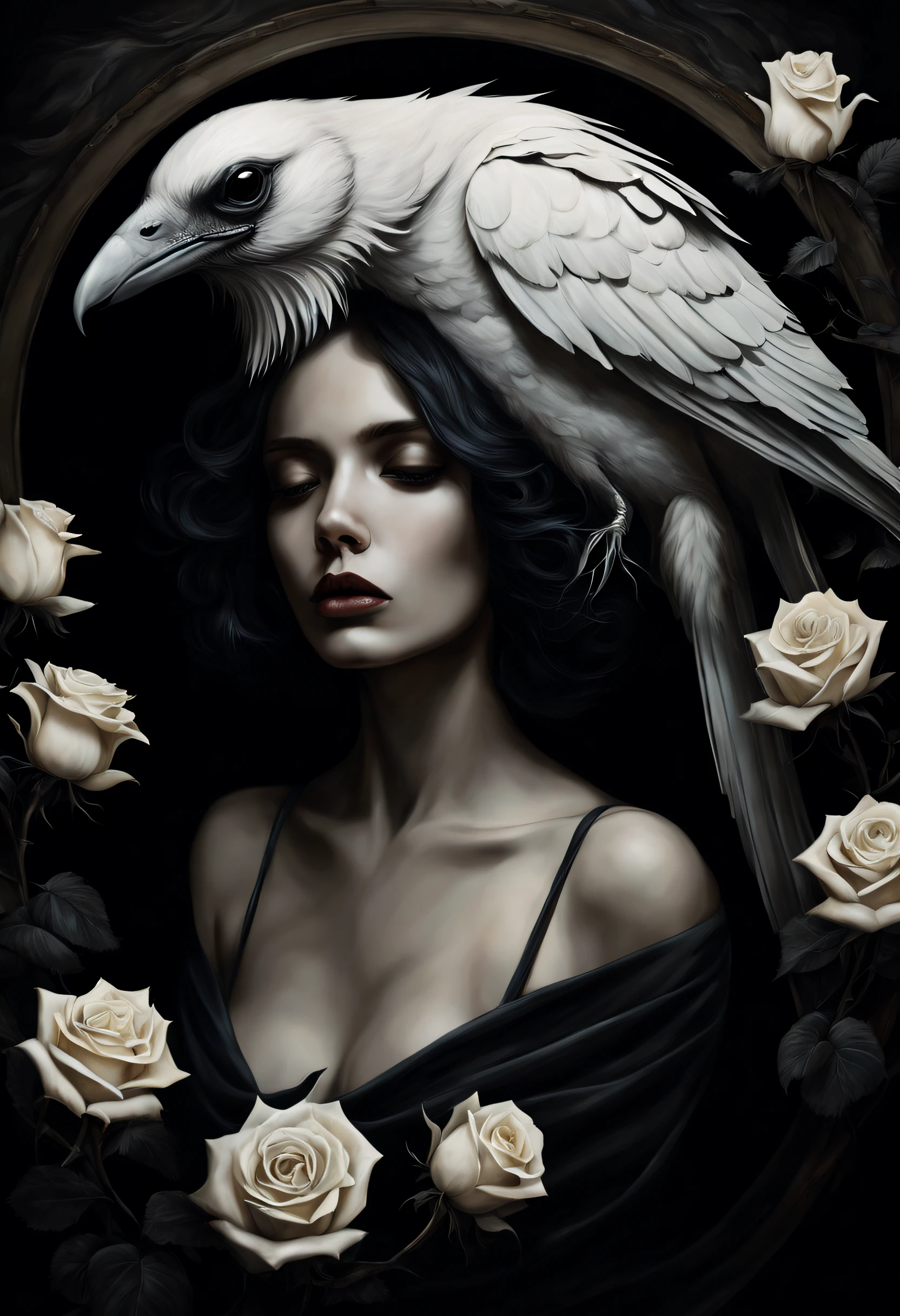 chiaroscuro technique on sensual illustration Illustration art, by IrinaKapi. Surrealism, vintage abstraction, girl with white raven and black roses, ultra details oh clothes, best quality, masterpiece, painting, concept art, emotionally, atmospheric, aesthetics of romanticism, represent transformation and the ability to see beyond the surface, hint of gold