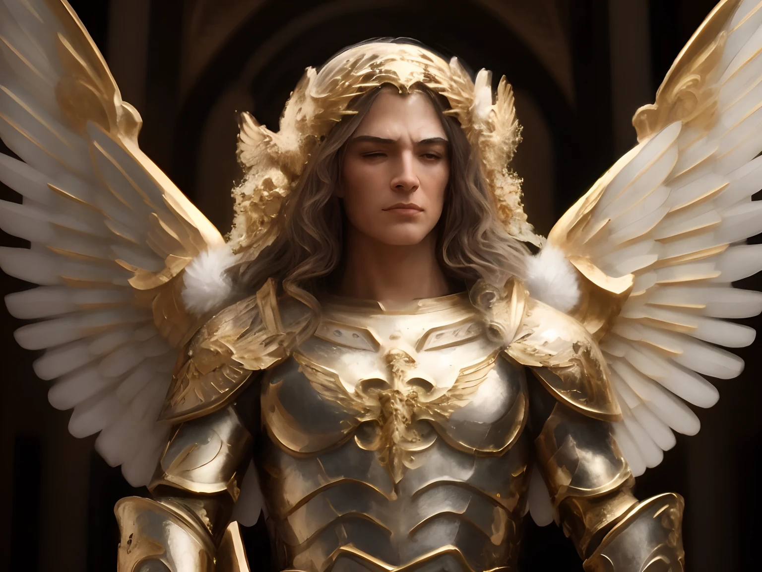 a close up of a statue of a woman with wings, angel in plastic armor, unreal motor render saint seiya, Armadura Dourada Angelical, Anjo majestoso de corpo inteiro, arcanjo, 4K fantasia detalhe, unreal engine render + uma deusa, gold wings on head, obra-prima artstation, Arcanjo Miguel, escultura realista de 8k bernini, personagem de fantasia hiperdetalhado