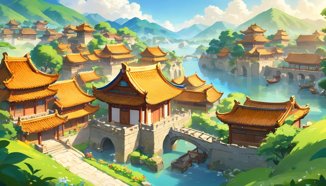 (A panoramic top-down close-up of a town with rivers and bridges from the Tang Dynasty of China,dreamy Chinese towns),Ancient architecture of the Tang Dynasty, Beautiful rendering of the Tang Dynasty,ancient city landscape,Temple background,It is vividly depicted in the work (Best quality, 8K, Advanced resolution, Masterpiece: 1.2), Has flattened details (1.4x realism, style cartoon: 1.37). The streets are made up of bright colors,bathed in the warm glow of the sun, Create a cheerful and whimsical atmosphere. The house is designed with great attention to detail, Features cartoon design and unique architecture, 。 (The streets are surrounded by lush greenery and colorful flowers), Elevate a captivating and magical environment。 The artwork showcases an illustrative style, Inspired by children's book illustrations, Ensures a glamorous and nostalgic touch. The color palette consists of bright rainbow colors, Seven colors,Evoke feelings of joy and playfulness. Lighting accentuates the picturesque scene, Create soft and warm shadows,Add depth and warmth to the artwork. Every detail is impeccablely presented, creating a visually stunning masterpiece,Capture the essence of ancient Chinese cities.