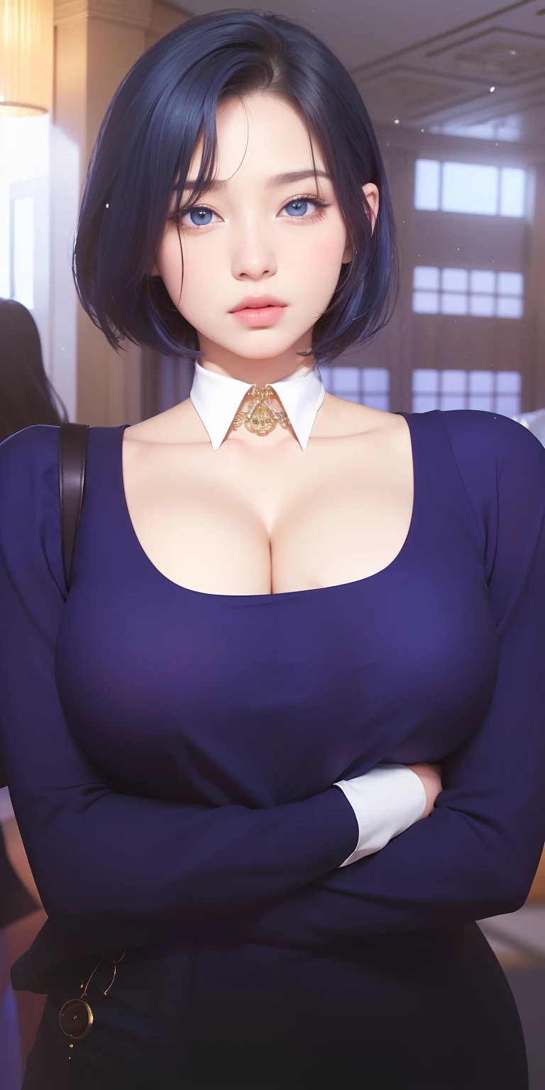 Beautiful big breasts, (bokeh), indoors, detailed luxury living room, gentle and charming beautiful goddess, Korean(kpop-idol), solo, smooth skin, necklace, (blue navy hair, short hair, blue eyes), oval face, double eyelids, smart, good hands, good feet, Natural, (from below angle), (glossy skin:1.05), ((low angle)), Perfect figure, (64k, UHD, RAW photo, best quality, masterpiece:1.4), (realistic, photo-realistic:1.37), ultra high res, photon mapping, radiosity, physically-based rendering, professional soft lighting