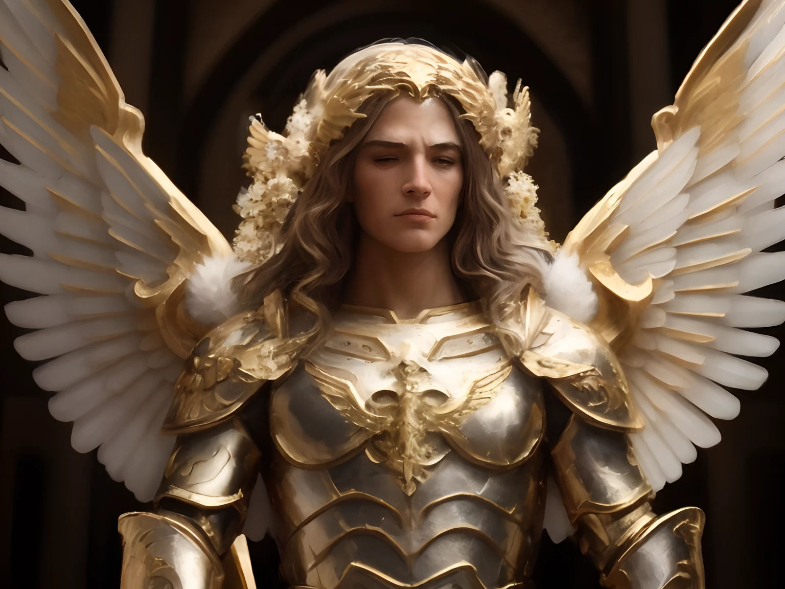 a close up of a statue of a woman with wings, angel in plastic armor, unreal motor render saint seiya, Armadura Dourada Angelical, Anjo majestoso de corpo inteiro, arcanjo, 4K fantasia detalhe, unreal engine render + uma deusa, gold wings on head, obra-prima artstation, Arcanjo Miguel, escultura realista de 8k bernini, personagem de fantasia hiperdetalhado