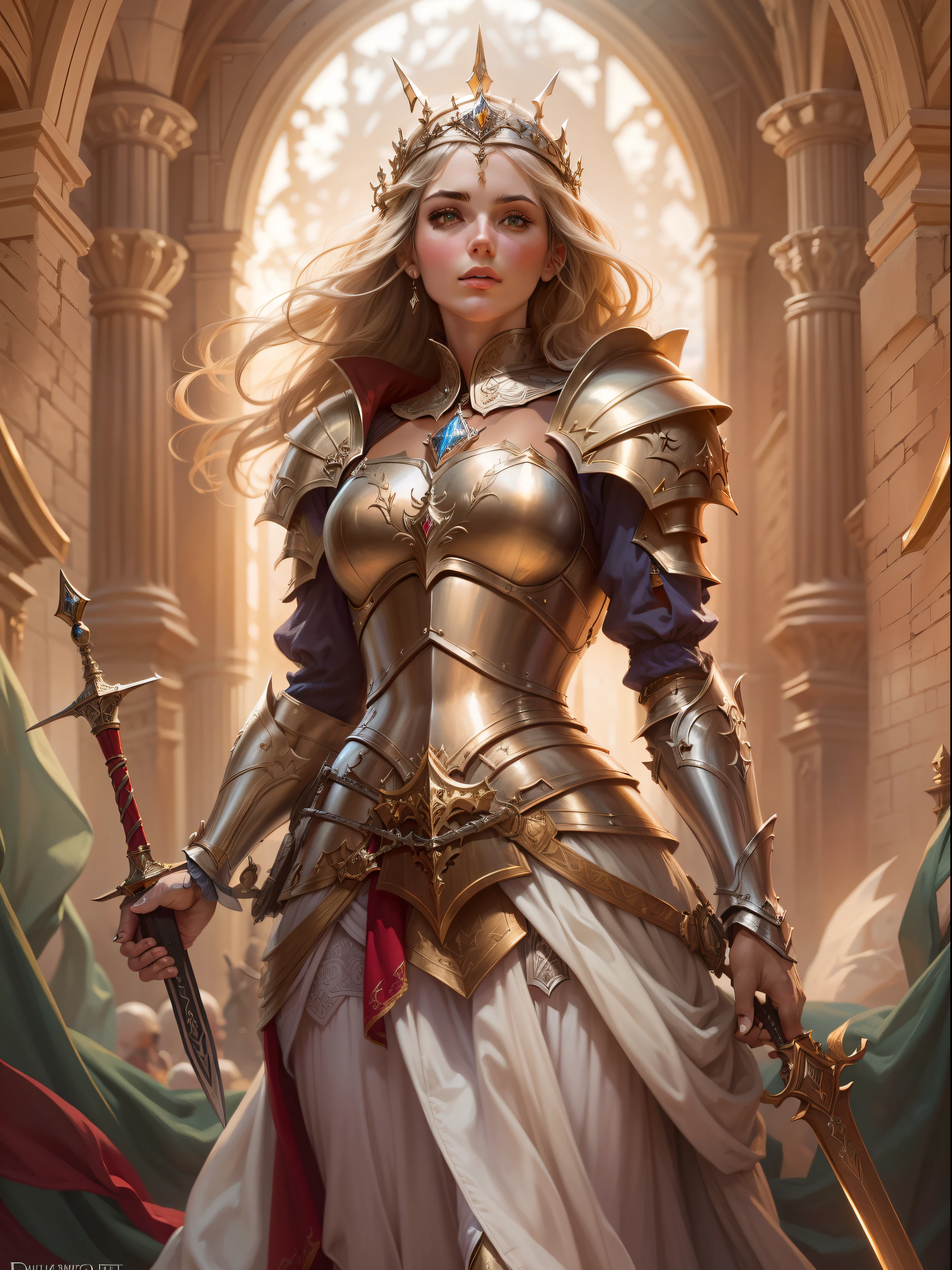 Look from the bottom up，low  angle shot，Highly detailed portrait of Paladin Guinevere，Wear armor，shelmet，epee，big sword，Cross sword，sword，Silvertone，holy rays，god light，medieval times，Noble，setia，Servant of Jesus，Solemn，Gold accents，epic fantasy digital art，devout，Victorian style，tmasterpiece，8K，high definition resolution，Detailed detail drawing，high qulity，Inspiration came from Guinevere，author:John Collier，detailed fantasy art, Fantasy cosplay portrait, Fantasy art Behance