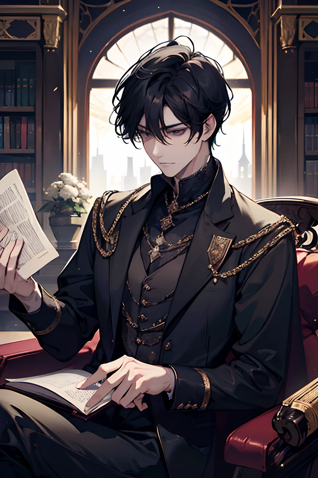 1male, black hair, adult, handsome and beautiful face, a scholar, prince, calm, in library and reading a book, a noble during the medieval times, wearing dark colors, cold and distant demeanor, fantasy setting