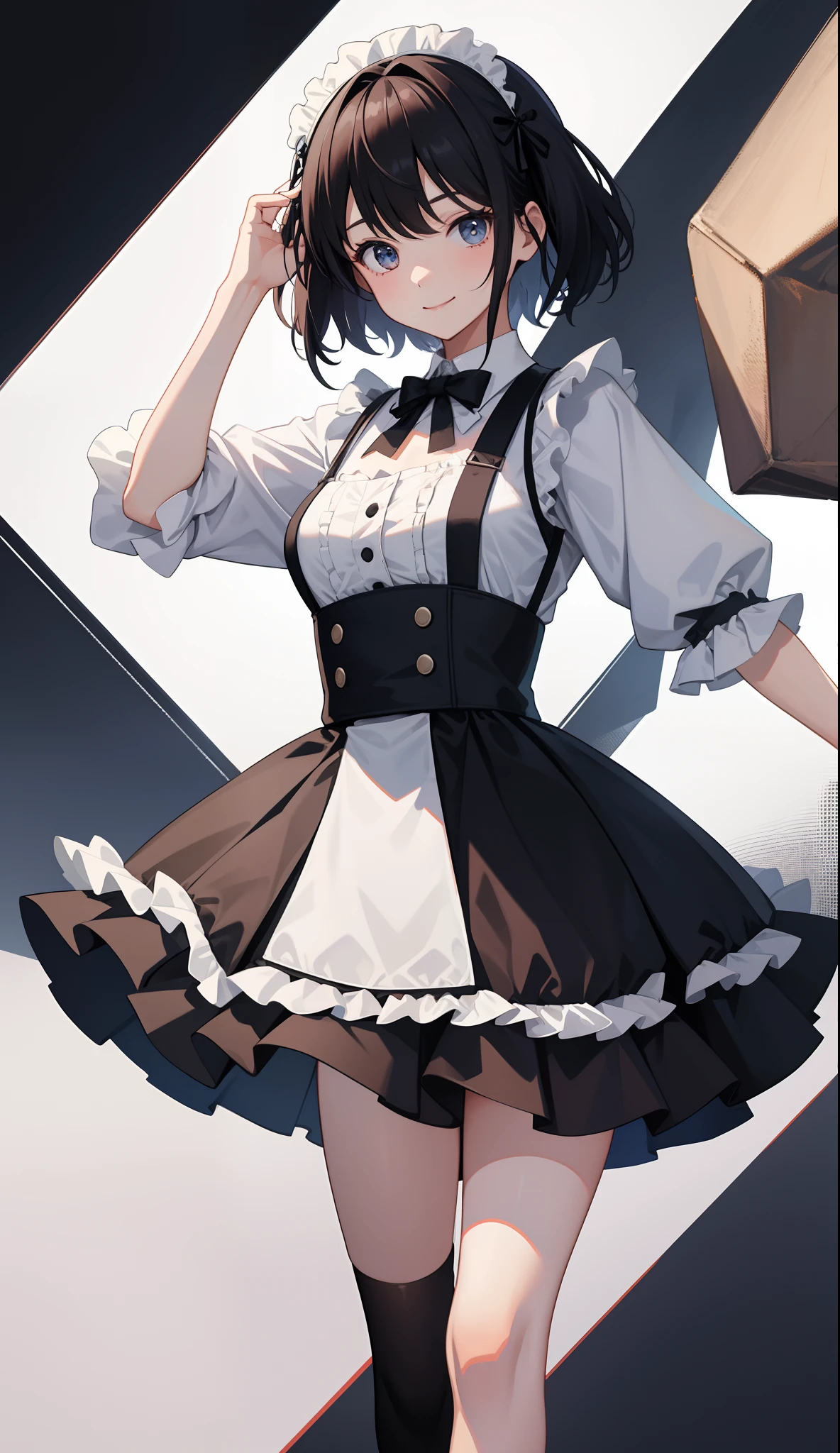 1girl in、AS-Adult、A smile、The shirt、skirt by the、(small tits)、doress、pinafore、Hair decoration、(Maid costume)、Walking with a thigh、Upper body portrait、movement、