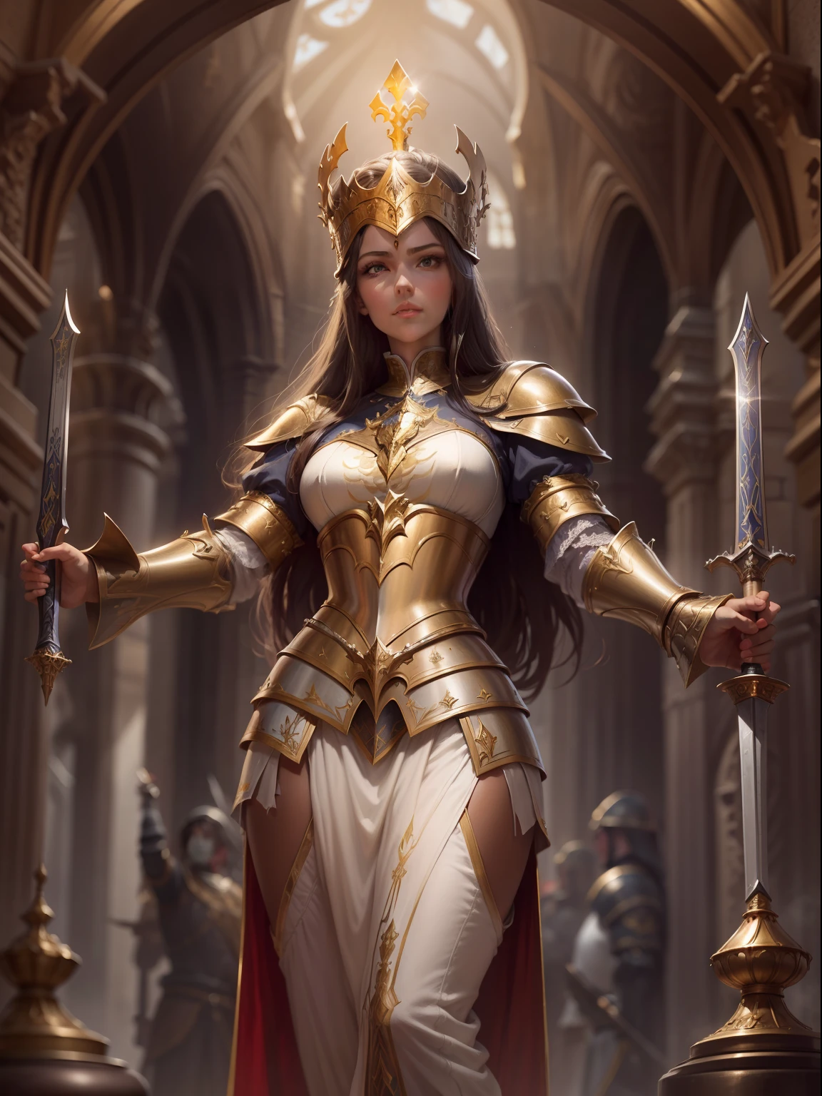 Look from the bottom up,low angle shot,Highly detailed portrait of Paladin Guinevere,Wear armor,shelmet,epee,big sword,Cross sword,sword,Silvertone,holy rays,god light,medieval times,Noble,setia,Servant of Jesus,Solemn,Gold accents,epic fantasy digital art,devout,Victorian style,tmasterpiece,8K,high definition resolution,Detailed detail drawing,high qulity,Inspiration came from Guinevere,author:John Collier,detailed fantasy art, Fantasy cosplay portrait, Fantasy art Behance