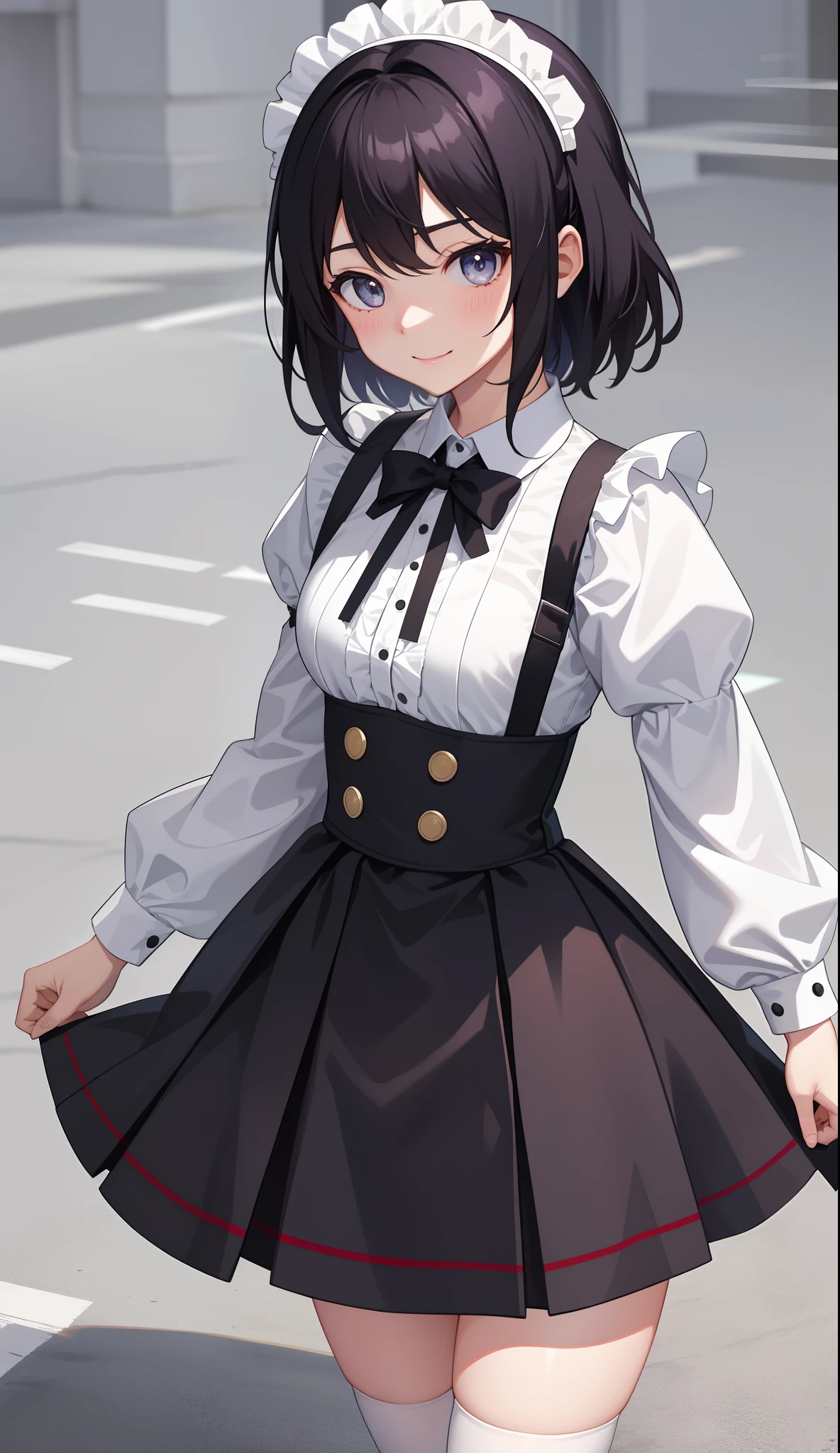 1girl in、AS-Adult、A smile、The shirt、skirt by the、（small tits）、doress、pinafore、Hair decoration、（Maid costume）、Walking with a thigh、Upper body portrait、movement、