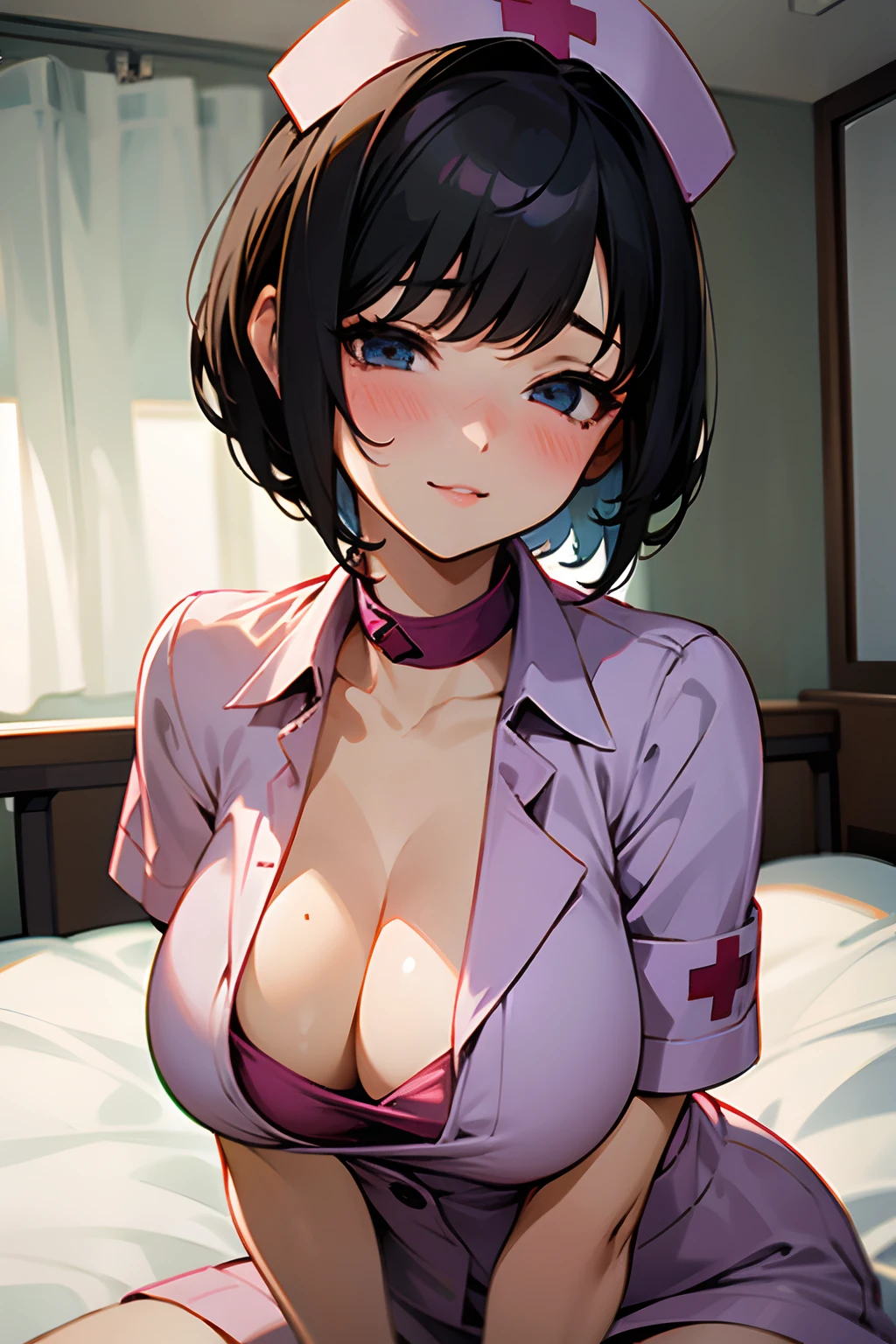 1girl, nurse, hospital bed, pixie cut, short black hair, cleavage, large breasts, wink, blush,