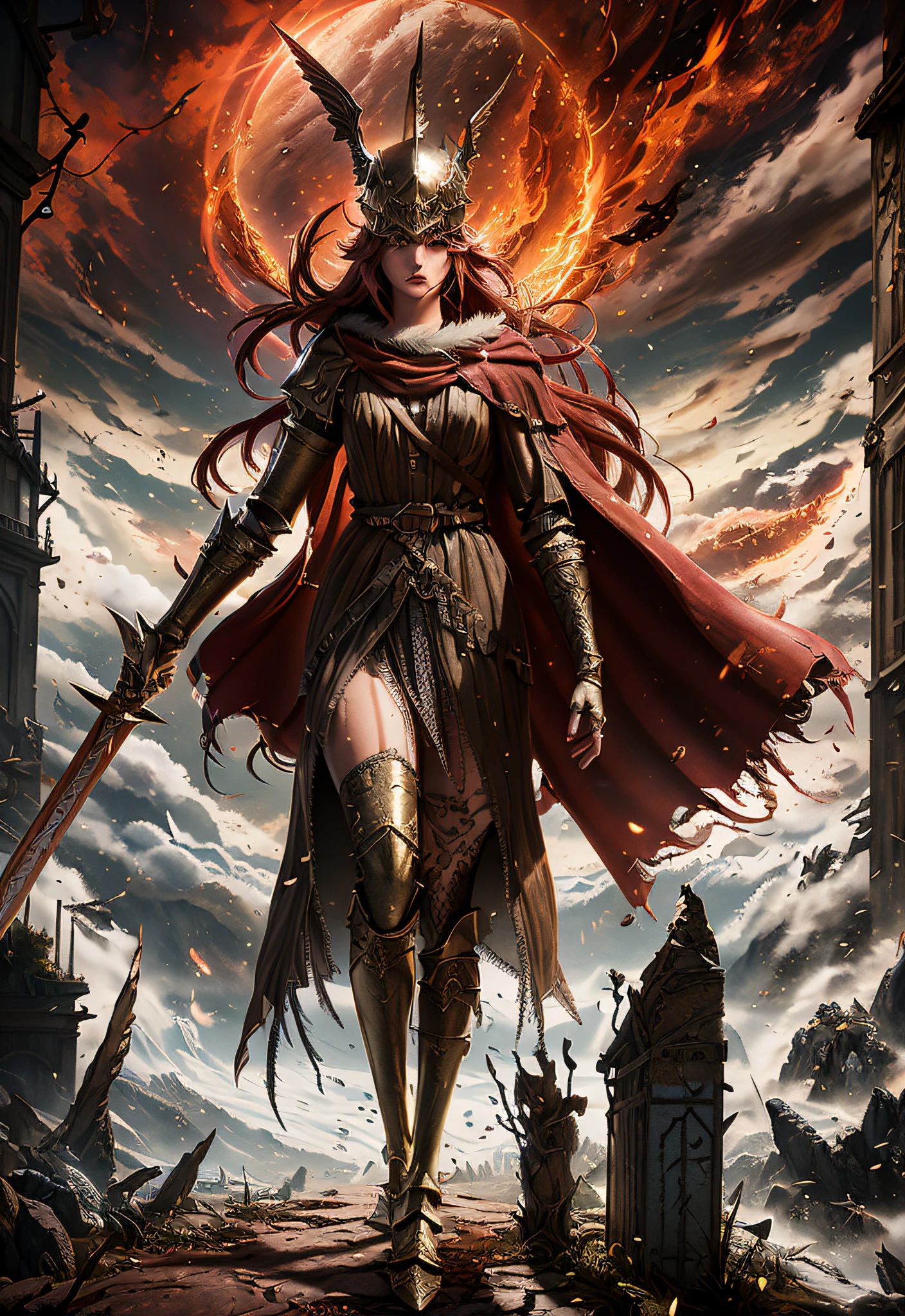 a close up of a woman with a sword standing in front of a building, epic light novel art cover, epic light novel cover art, dark fantasy style art, epic fantasy art style hd, 2. 5 d cgi anime fantasy artwork, a very beautiful berserker woman, epic fantasy digital art style, female redhead templar, anime epic artwork