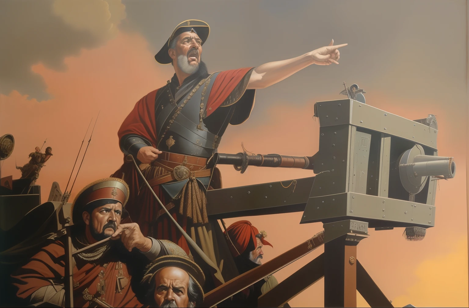 there is a picture of a painting of a man pointing at a camera, sneering roman legioneer, fall of rome, by Mort Artists, with anti aircraft guns, inspired by Mort Artists, don lawrence's, the fall of rome, historical artistic depiction, by Pogus Caesar, mort kunstler, promo art