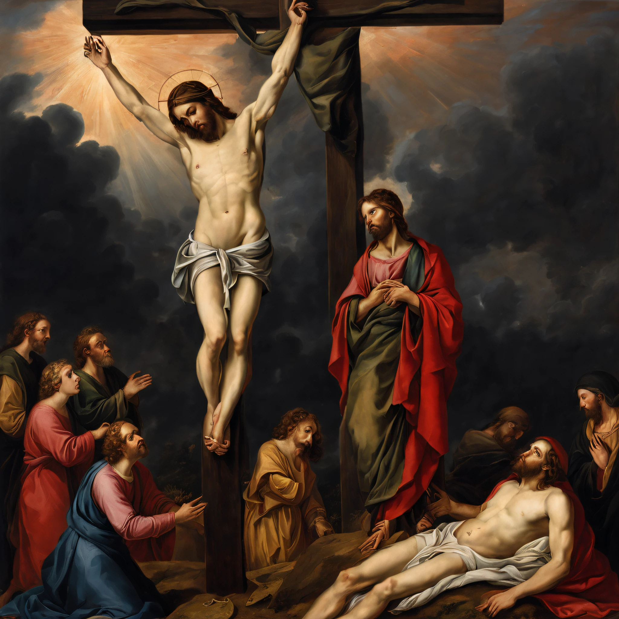 Nesta pintura, the scene of Jesus' crucifixion is depicted with remarkable detail and depth. The central figure is that of Jesus Christ, pregada em uma cruz de madeira, .com
In red
The Apostle John, known as the beloved disciple, is at Mary's side, looking up toward Jesus with an expression of lament. Other discs
The scenery around the cross is desolate and impressive. Océ
The painting technique is highly
Generally, this painting depicts the crucifixion of Jesus
From the user
in English
ChatGPT
Clear
In this painting, the scene of Jesus' crucifixion is depicted with
Around the cross, Several figures are positioned. A Virgem Maria,
The Apostle John, known as the beloved disciple, is at Mary's side, looking at Jesus with an expression of regret. Other disciples and witnesses to the crucifixion are scattered around the scene, each showing a unique emotional reaction to the unfolding tragedy.
The backdrop around the cross is bleak and awe-inspiring. The sky appears laden with dark clouds, criando uma atmosfera sombria e solene. The surroundings
The painting technique is highly detailed, with an emphasis on clothing textures, in facial expressions and surrounding landscapes. Lighting is cleverly used to create dramatic contrasts between areas of light and shadow, aumentando o impacto emocional da cena.
No geral, esta pintura
