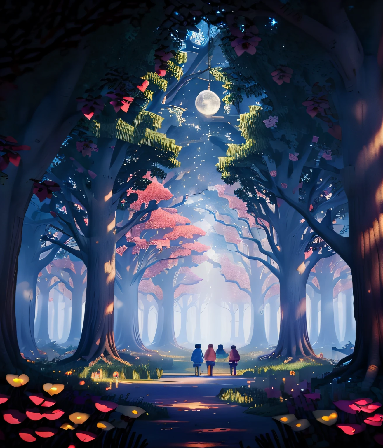 cover of a children's book called  A4 paper , hot colors
Imagine an enchanted setting of a magical forest. In the center, a majestic oak extends its welcoming branches, sheltering a warm gathering of animals, each with an expression of wonder and joy. A colorful bird rests on the highest branch, symbolizing friendship and love. At night, a starry sky above, with a full moon, adds a touch of magic to the setting.