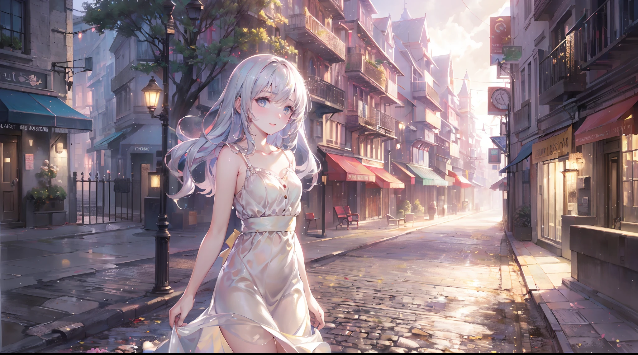 (best quality,4k,8k,highres,masterpiece:1.2),ultra-detailed,(realistic,photorealistic,photo-realistic:1.37),lonely girl in the middle of the street,detail-rich scene,warm sun rays,hazy surroundings,tree-lined avenue,girl with flowing hair,wearing a yellow sundress,car passing in the background,empty street,beautifully textured pavement,cobblestone road,skewed street lamp casting long shadows,faint sound of footsteps,lamp posts lining the sidewalk,cityscape in the distance,vibrant colors,vintage-style filter,pastel color palette,soft sunlight illuminating the scene,wind blowing gently,expressive eyes,facial features defined in great detail