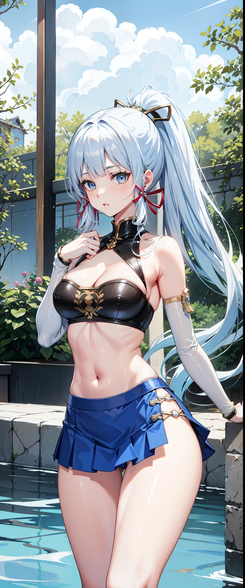 Blue eyes, white hair, long hair, ponytail, slim legs, cleavage, slim waist, narrow waist, pool, happy, navel, kamisato Ayaka, slender body, skirt, under boob