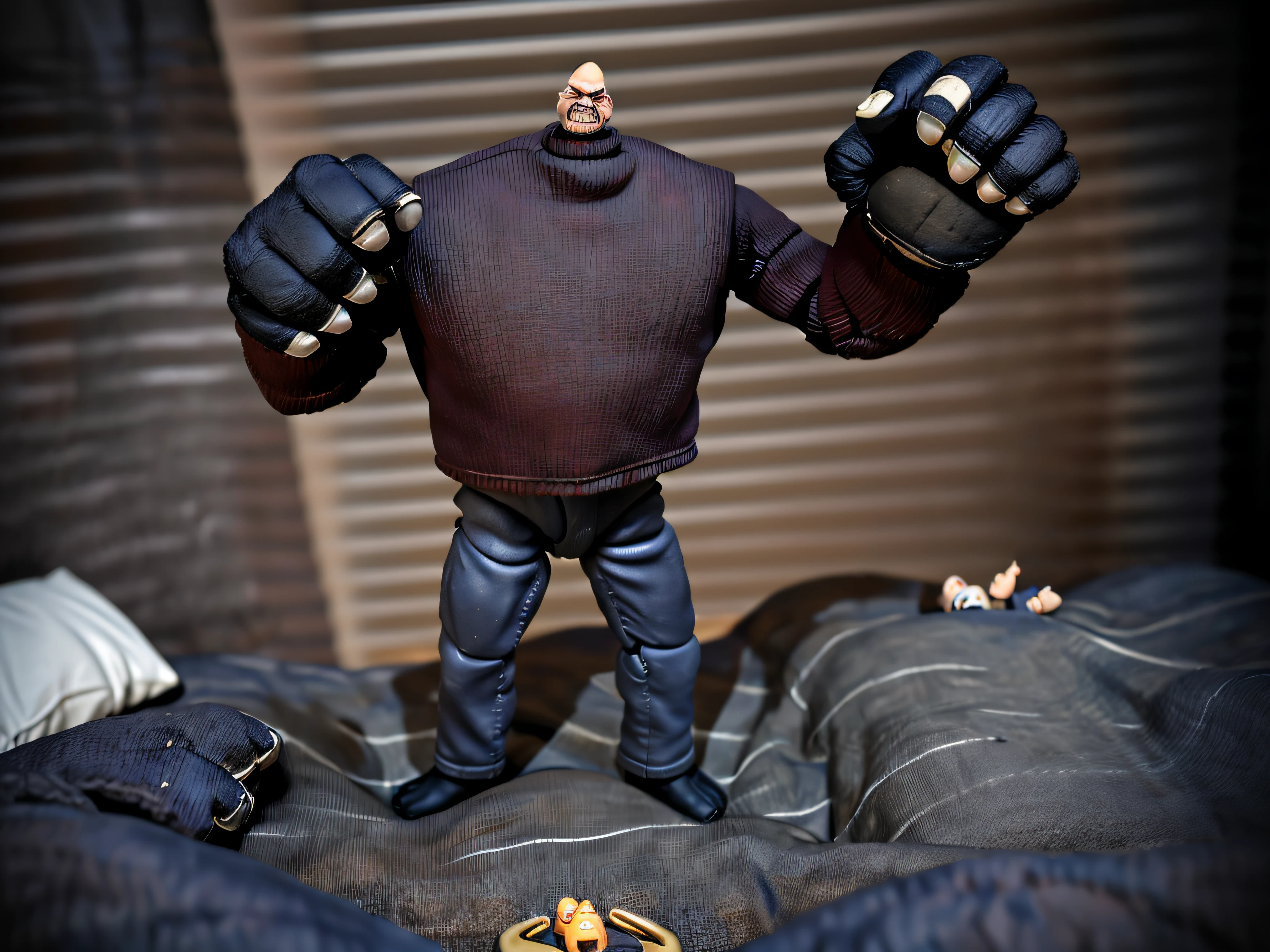 tiny ((1feet, 7inches) tall)action figure pinhead ((standing on top)) giant childs bed, dark 's bedroom at night, background dark bedroom:1.5, movie prop from film puppet master 2, puppet master film character, Depict pinhead in a haunting and menacing pose, evoking its sinister nature and its unsettling ability to strike fear into the hearts of those who encounter it, massive hands smashing down on bed, The character's facial expression should exude a malevolent gaze and a twisted, almost sadistic smile, reflecting its ominous persona, huge arms, ((colossal hands:1.4)), ((tiny:1.5)) disproportionate head, background dark bedroom:1.5,