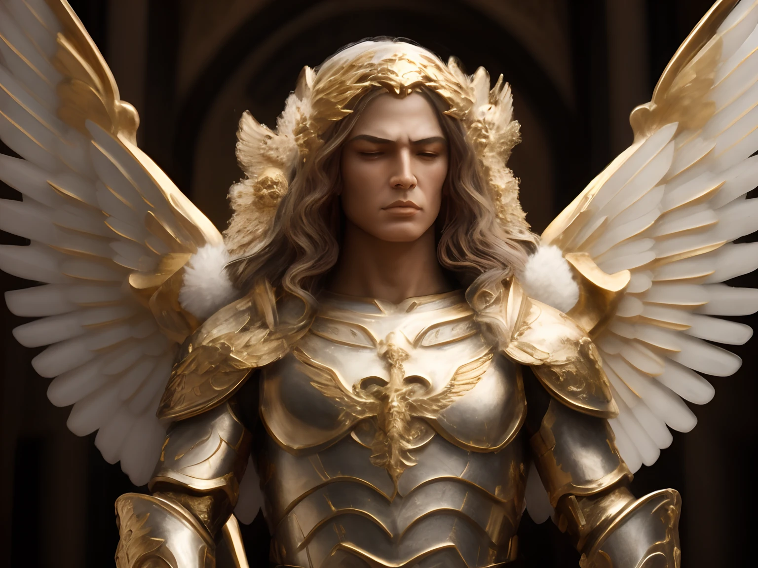 a close up of a statue of a woman with wings, angel in plastic armor, unreal motor render saint seiya, Armadura Dourada Angelical, Anjo majestoso de corpo inteiro, arcanjo, 4K fantasia detalhe, unreal engine render + uma deusa, gold wings on head, obra-prima artstation, Arcanjo Miguel, escultura realista de 8k bernini, personagem de fantasia hiperdetalhado