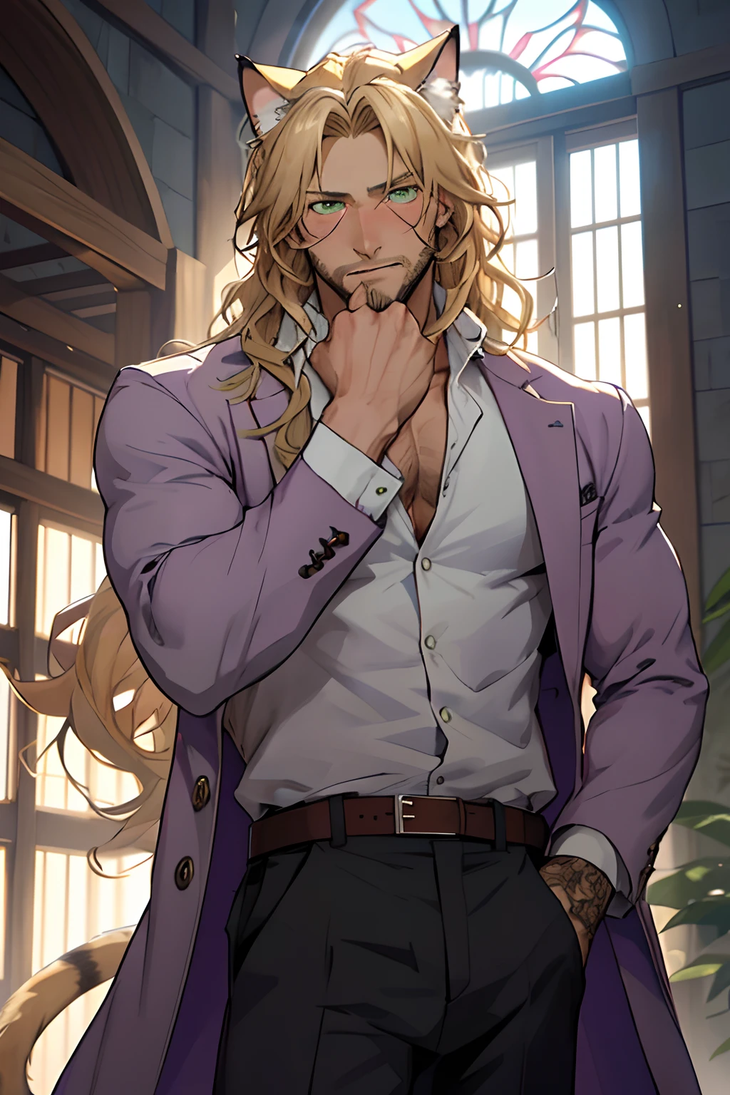 Purple coat, one male, cat ears, long hair, blond, blond hair, green eyes, tall, muscular, white shirt, beautiful face, highest quality, masterpiece, 2d, anime, perfect face, highest detail, feline eyes, stubble, cat tail, wavy hair, cowboy shot, detailed face, intricate details, blushing, nervous,