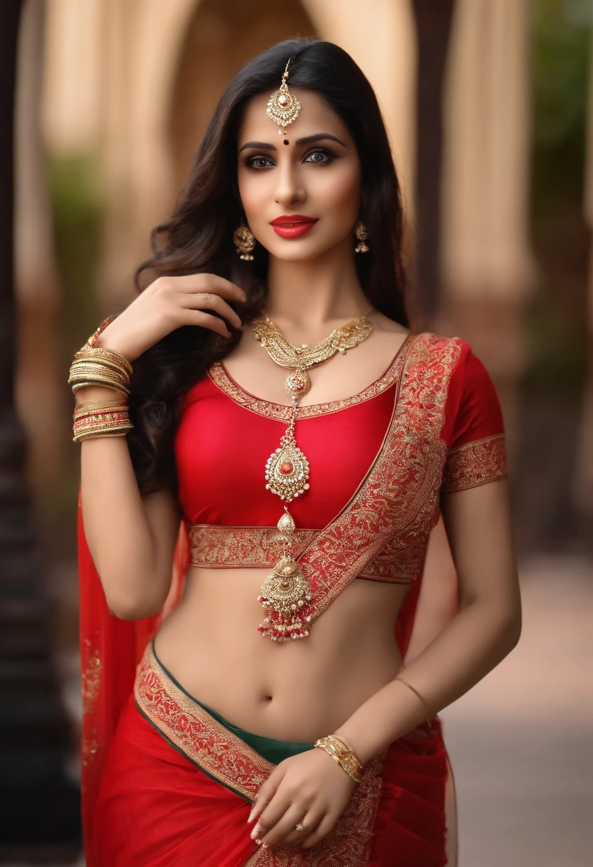（lifelike， high - resolution：1.3）， INDIAN girl WHITE PALE SKIN with a perfect body,WEARING red SAREe with red bandeau red lipistick,black long hair ， Super fine face and eyes，slong hair， , small boob，Expose cleavage, fullbody , street background, show belly, bold dress of (random colour 1.2), necklace, hand bracelet,