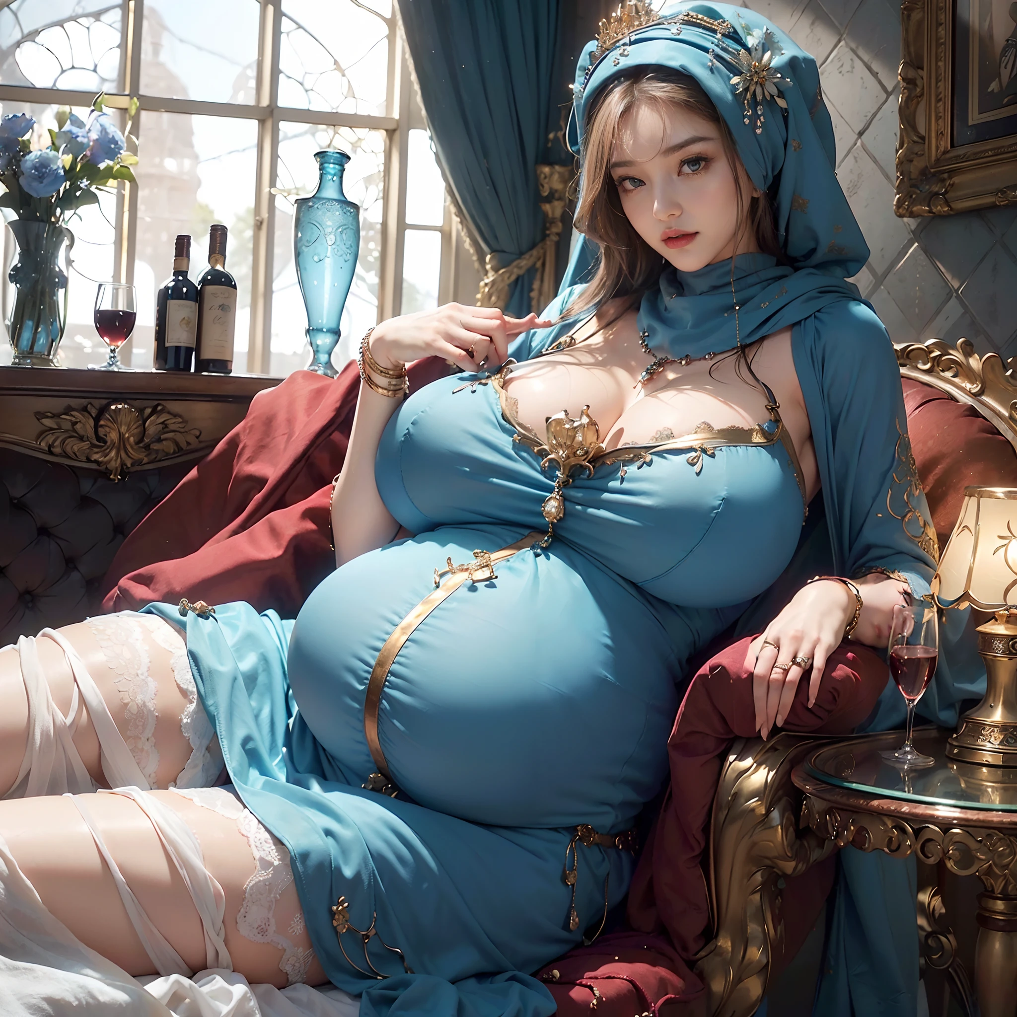 (beautifull lady with gigantic , wear detail luxury blue hijab, big pregnant belly, elegantly sit on luxury chair, (hand under luxury pillow), (luxury blanket), (window with luxury frame), (luxury flower vase), (luxury small table and glass of wine), (luxury lamp), (luxury parfume bottle), (luxury ornament on the wall), (blue strapless ), (luxury kimono), (detail luxury garter belt), (luxury stocking), (luxury high heels), (luxury crown), (show cleaveage), (show underboobs) , (show sideboobs), (show thigh), (underboobs ornament), (luxury chest ornament), (luxury arm ornament), (luxury hips ornament), (gigantic :1,9), beautifull face, beautifull eyes, beautifull nose, sexy lips, raytracing, , beautifull fingers, beautifull hands, sexy belly, sexy body, sexy shoulders, sexy legs, sexy hips, (luxury bracelet), (luxury ring), (luxury necklace), white skin, (4 fingers in 1 hand), full body picture, pretty makeup, good lighting, realistic shadow, professional photography, blue and gold color scheme, 4k resolution, perfect , 