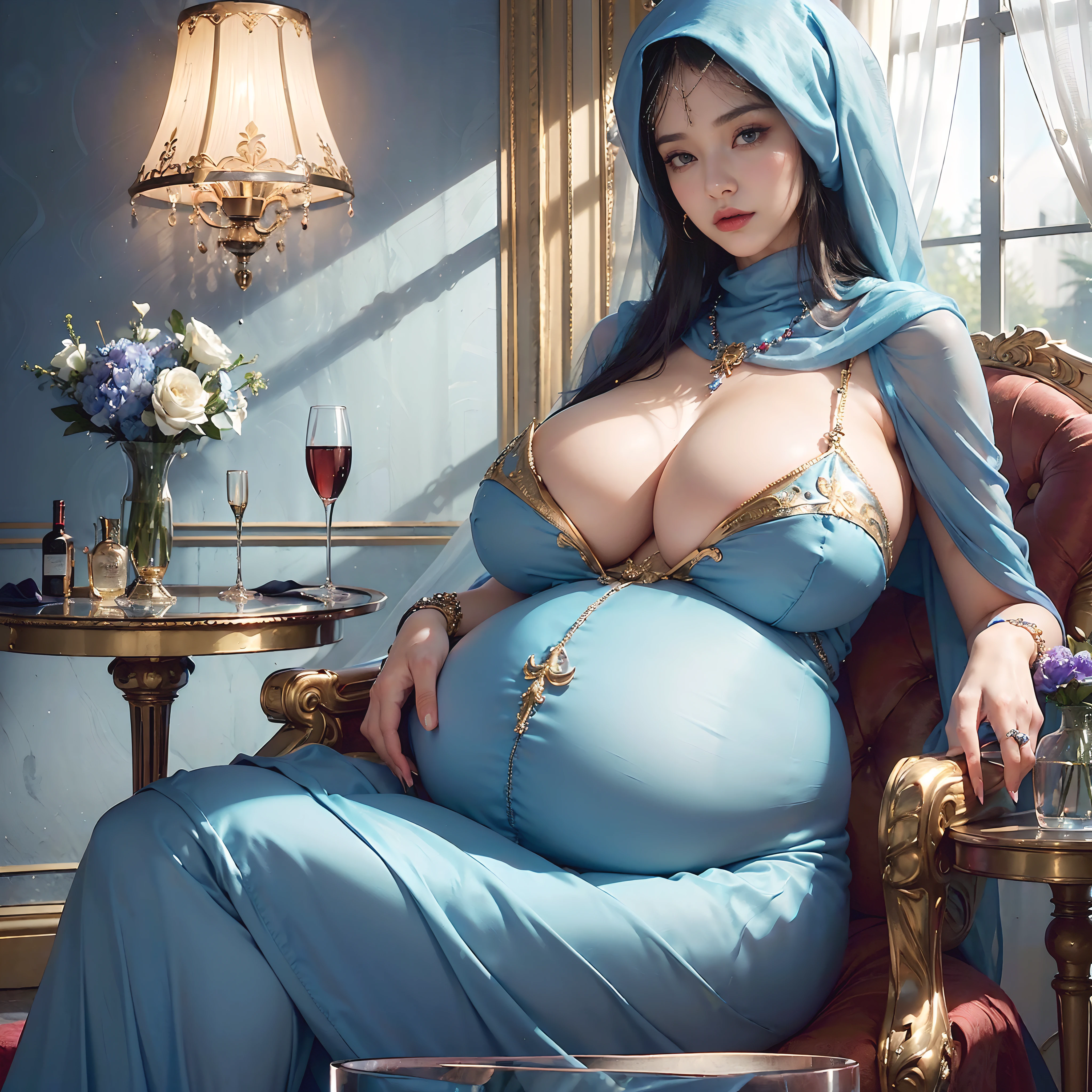 (beautifull lady with gigantic breastmilk, wear detail luxury blue hijab, big pregnant belly, elegantly sit on luxury chair, (hand under luxury pillow), (luxury blanket), (window with luxury frame), (luxury flower vase), (luxury small table and glass of wine), (luxury lamp), (luxury parfume bottle), (luxury ornament on the wall), (blue strapless bra), (luxury kimono), (detail luxury garter belt), (luxury stocking), (luxury high heels), (luxury crown), (show cleaveage), (show underboobs) , (show sideboobs), (show thigh), (underboobs ornament), (luxury chest ornament), (luxury arm ornament), (luxury hips ornament), (gigantic breastmilk:1,9), beautifull face, beautifull eyes, beautifull nose, sexy lips, raytracing, nsfw, beautifull fingers, beautifull hands, sexy belly, sexy body, sexy shoulders, sexy legs, sexy hips, (luxury bracelet), (luxury ring), (luxury necklace), white skin, (4 fingers in 1 hand), full body picture, pretty makeup, good lighting, realistic shadow, professional photography, blue and gold color scheme, 4k resolution, perfect anatomy, nsfw