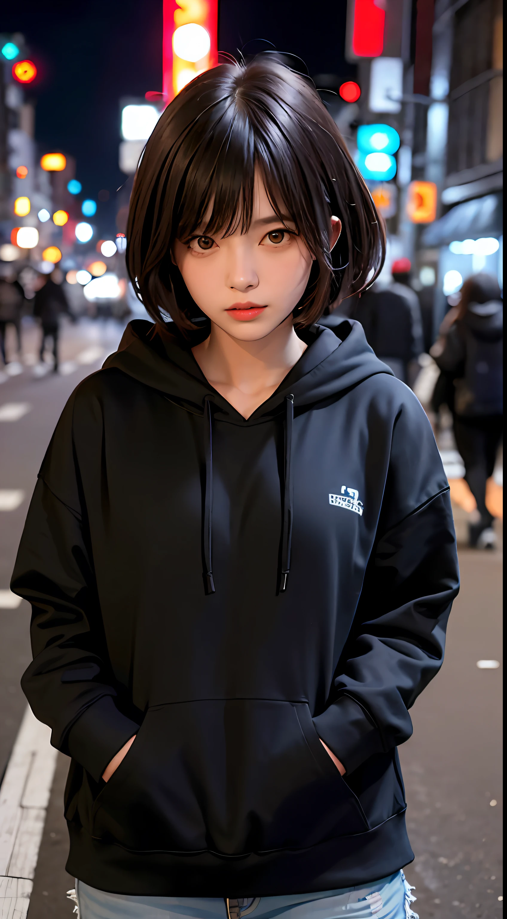 1girl, Tokyo street,night, cityscape,city lights, upper body,close-up, 8k, RAW photo, best quality, masterpiece,realistic, photo-realistic, hoodie, full body, short hair, bangs, full black