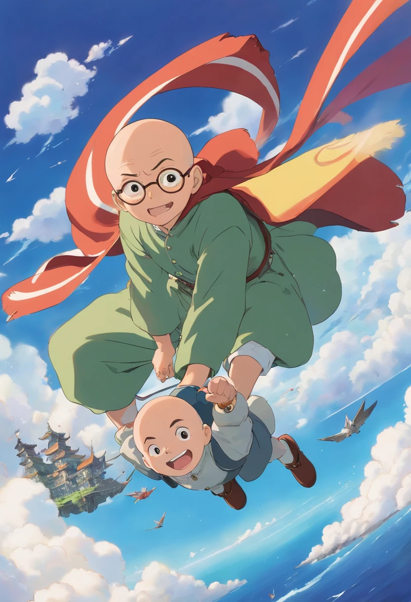 a bald boy, gliding with three jugling ring; anime style; detailed; beautyful