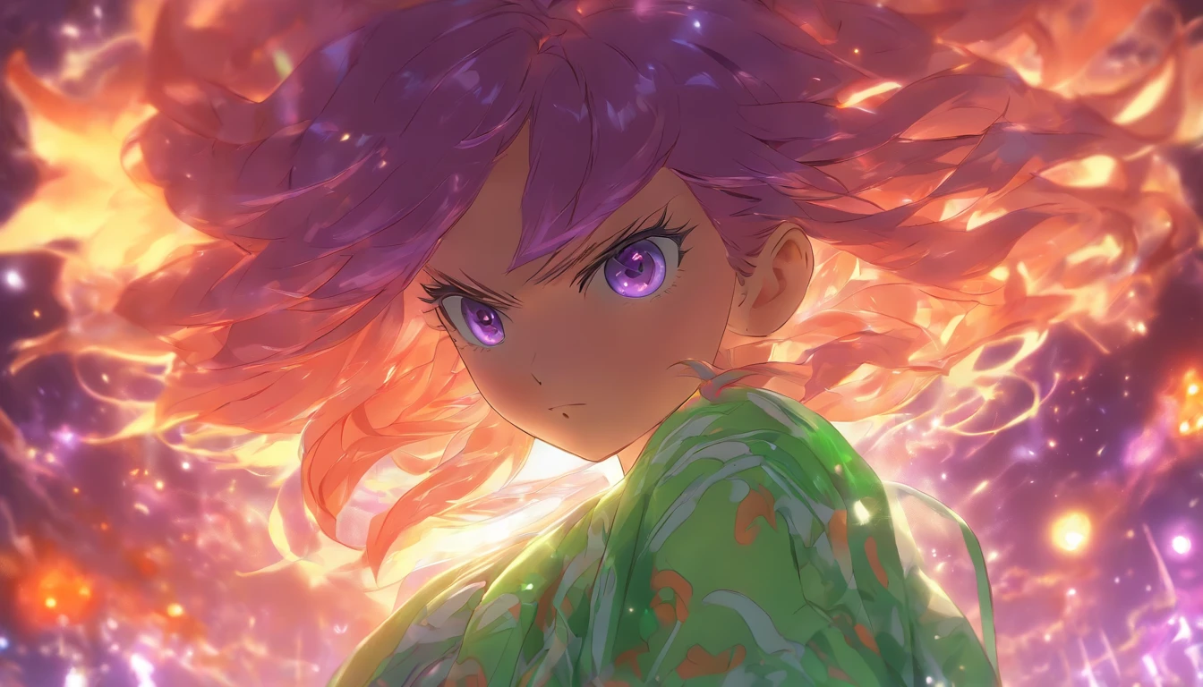 escorzo,  Profundidad de campo, Obra maestra, La mejor calidad, 1child, cabello color naranja,lock of purple hair,ojos verdes,  Cabello desordenado, aerio, burbuja de aire, solamente, Mirando al espectador, ropa casual, volador, Luz solar moteada,energia