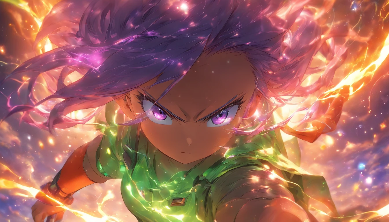 escorzo, Profundidad de campo, Obra maestra, La mejor calidad, 1child, cabello color naranja,lock of purple hair,ojos verdes, Cabello desordenado, aerio, burbuja de aire, solamente, Mirando al espectador, ropa casual, volador, Luz solar moteada,energia
