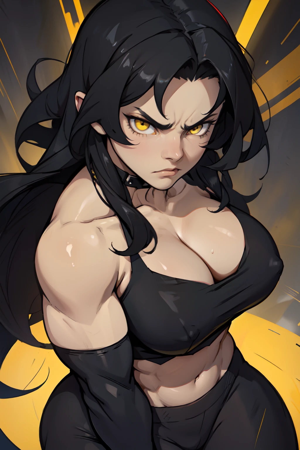 an angry muscular girl with long silky black hair and yellow eyes dark atmosphere pale skin huge breasts close up