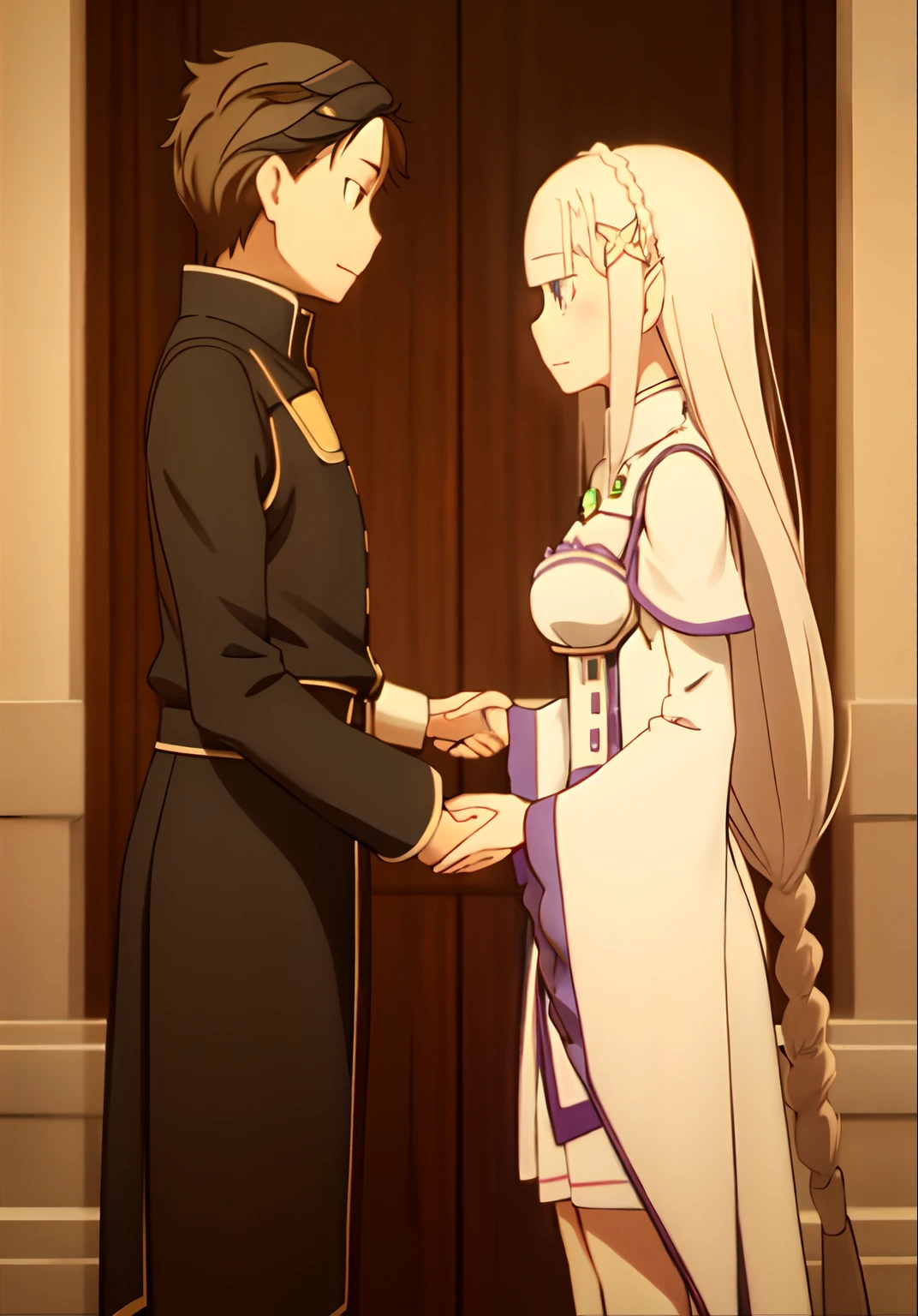 Emilia shakes hands with Subaru