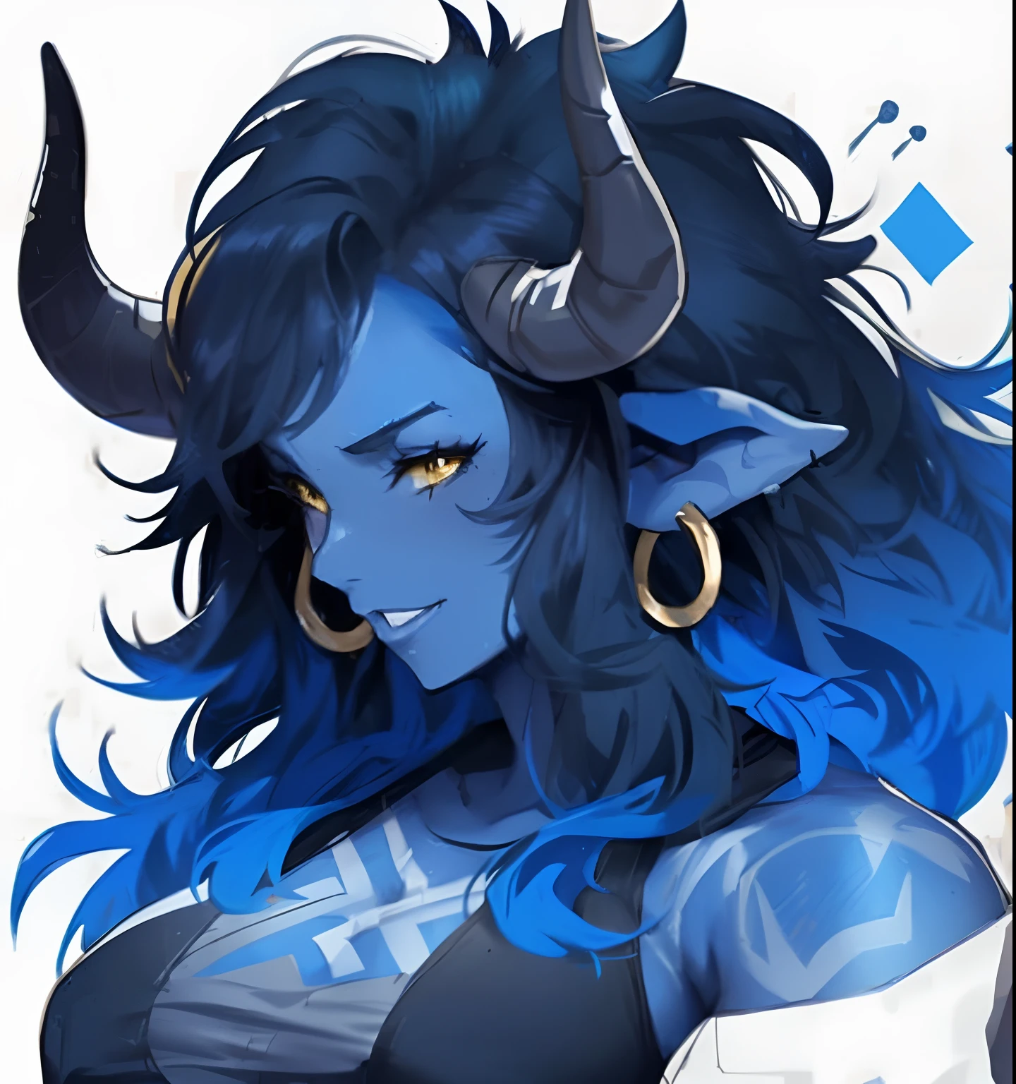 a close up of a woman with horns, blue tiefling, girl design lush horns, blue skin, messy wavy hair, strong body, muscle, yellow eyes, confident smile, tank top shirt