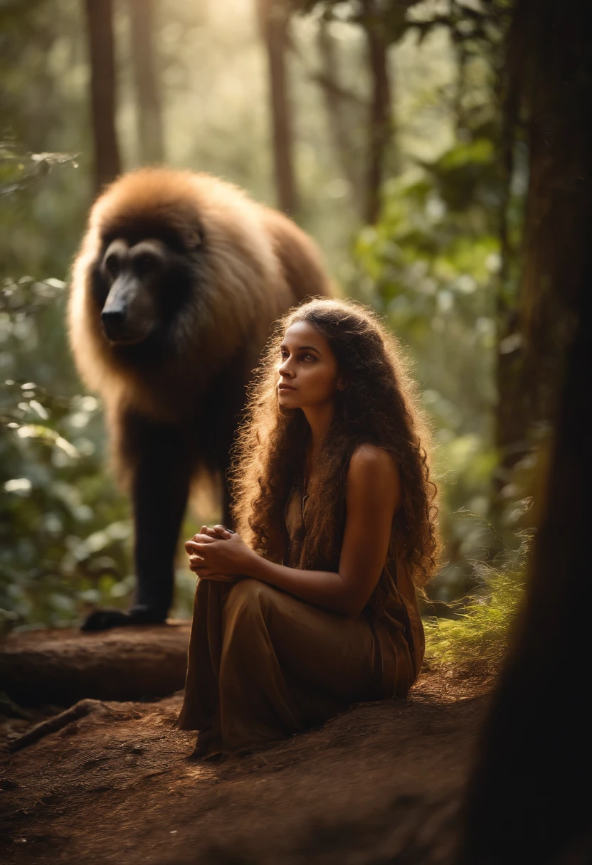 Menina loira na floresta gelada ao lado de um grande lobo marrom.