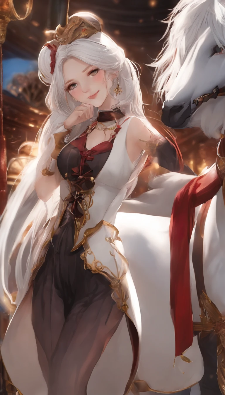 (Max Quality)，(depth offield)，(full body)，lovely，Rich Detail，1girl，(white hair)，Two-dimensional，long ponytail，Light red eyes，Red hair accessories，Sleeveless，open shoulders，Crop topping，hands placed behind the back，sideways，[facce blushing]，Poker face，，night，rainting，rainbow